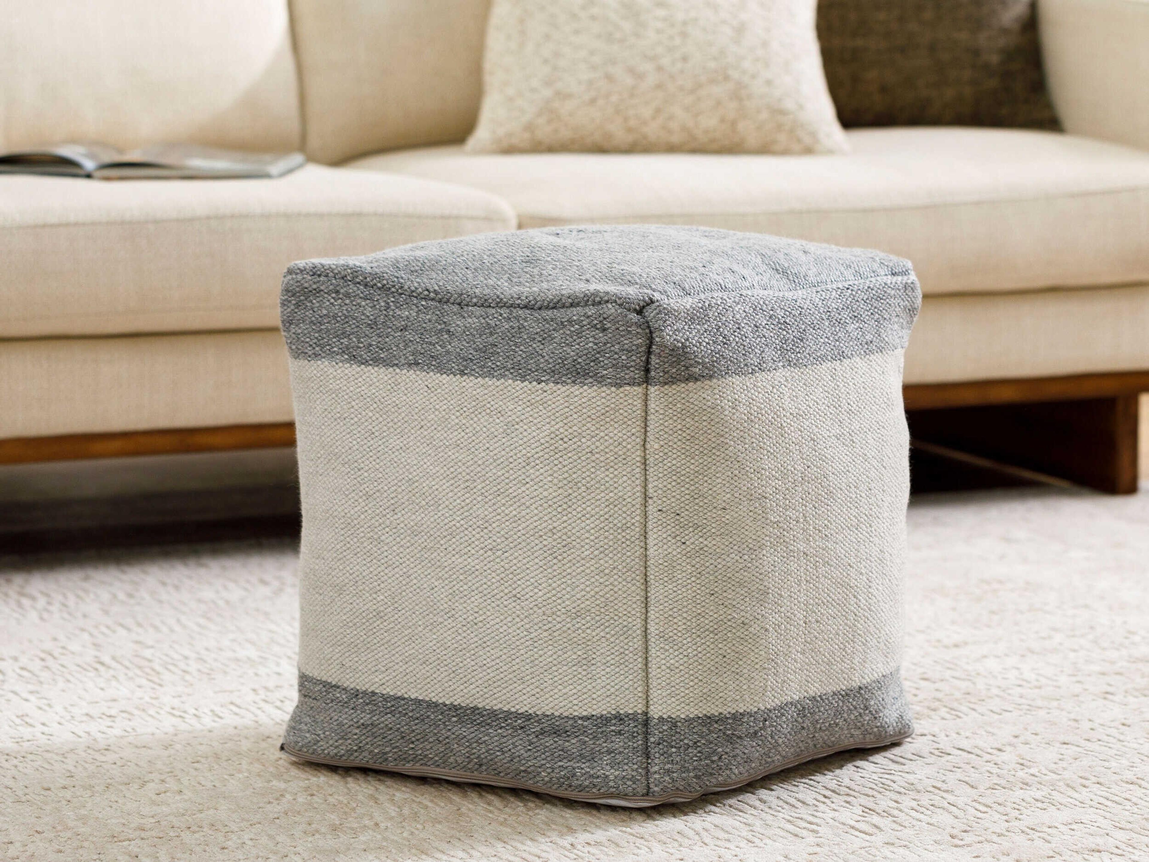 Surya Outdoor Latvia Dove Gray Fabric Cushion Pouf