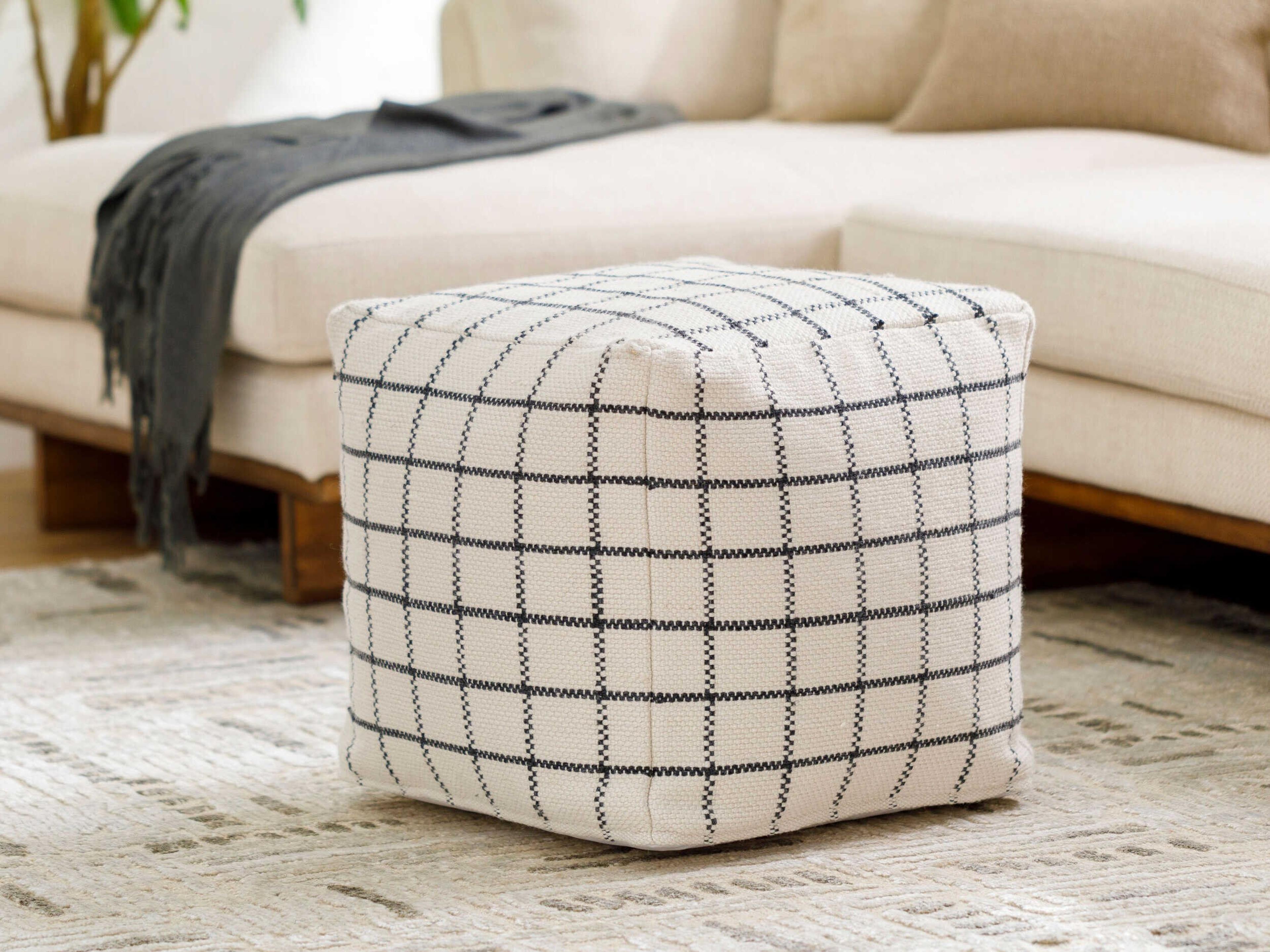 Surya Outdoor Charmaine Ivory Charcoal Fabric Cushion Pouf