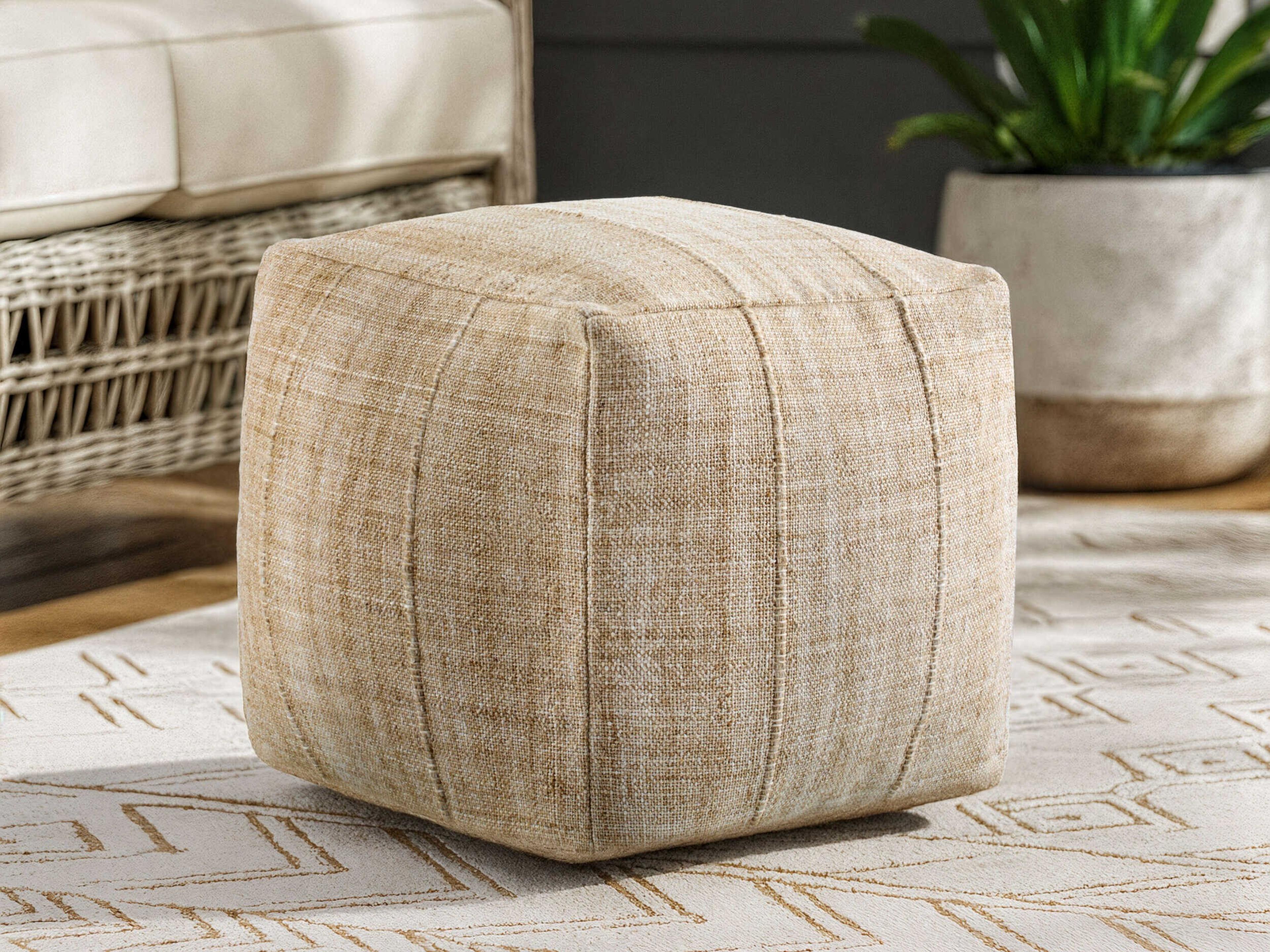 Surya Outdoor Mudcloth Tan Fabric Cushion Pouf