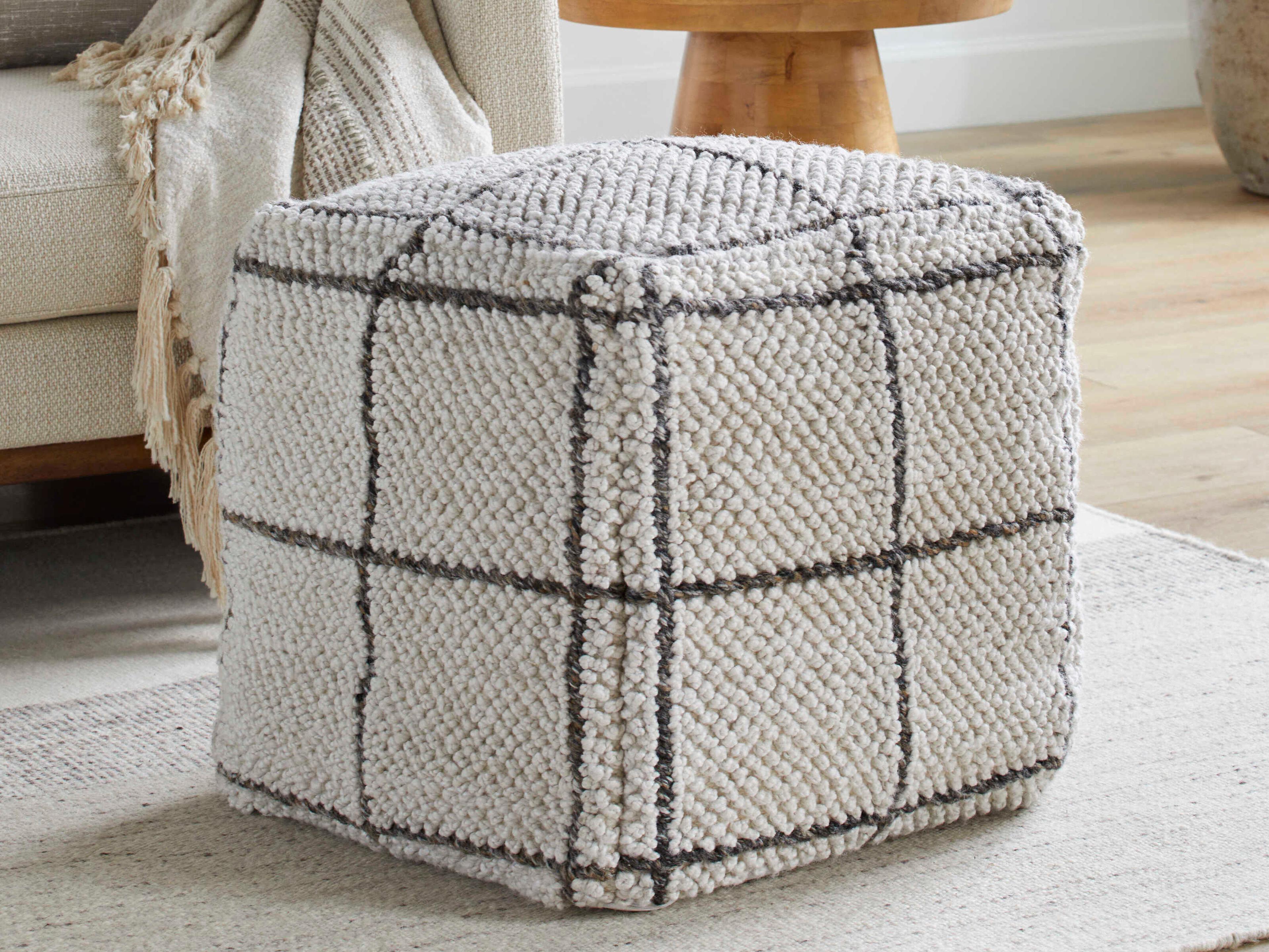 Surya Pane White Upholstered Pouf