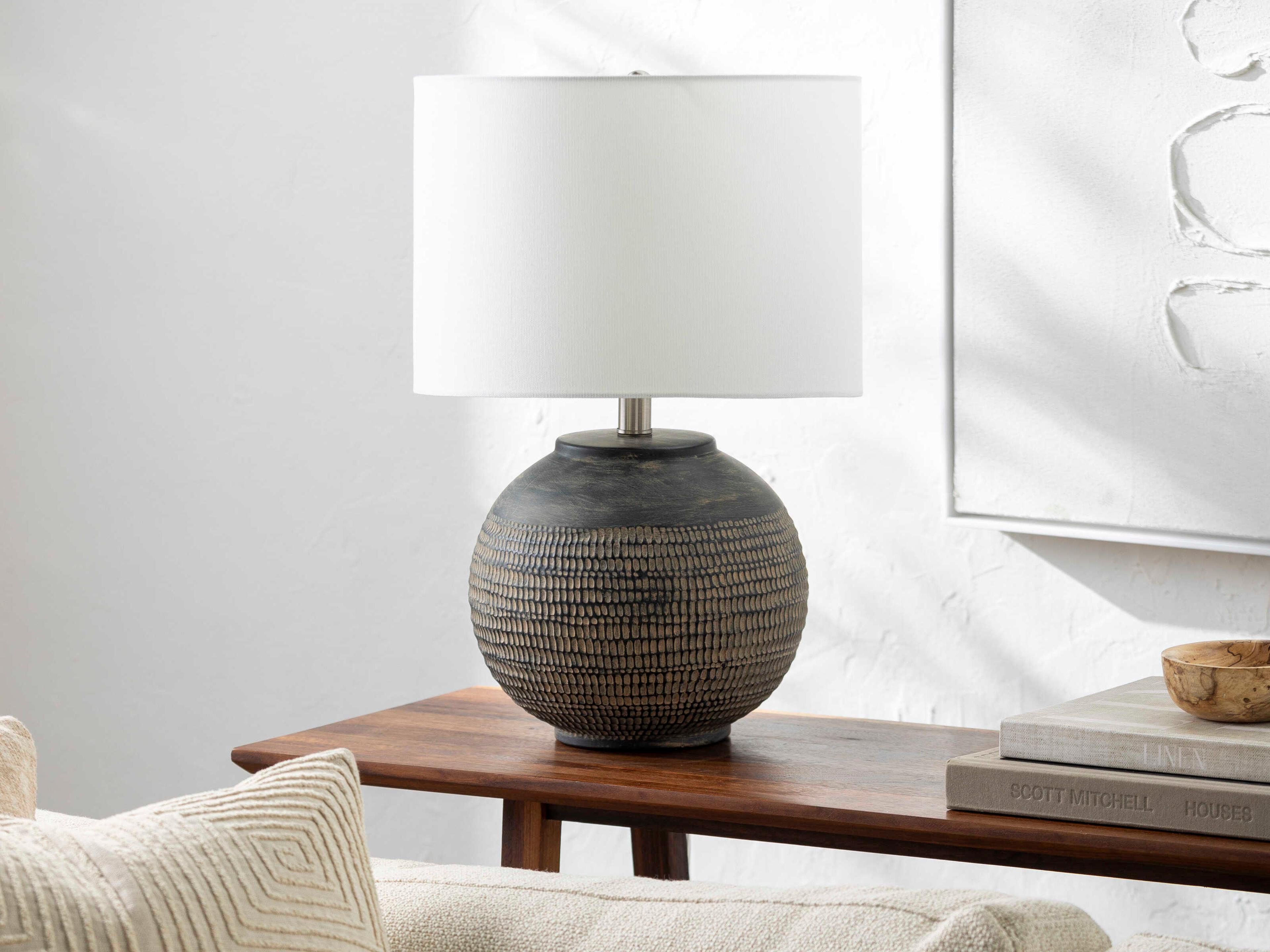 Surya Pylon Black White Linen Table Lamp