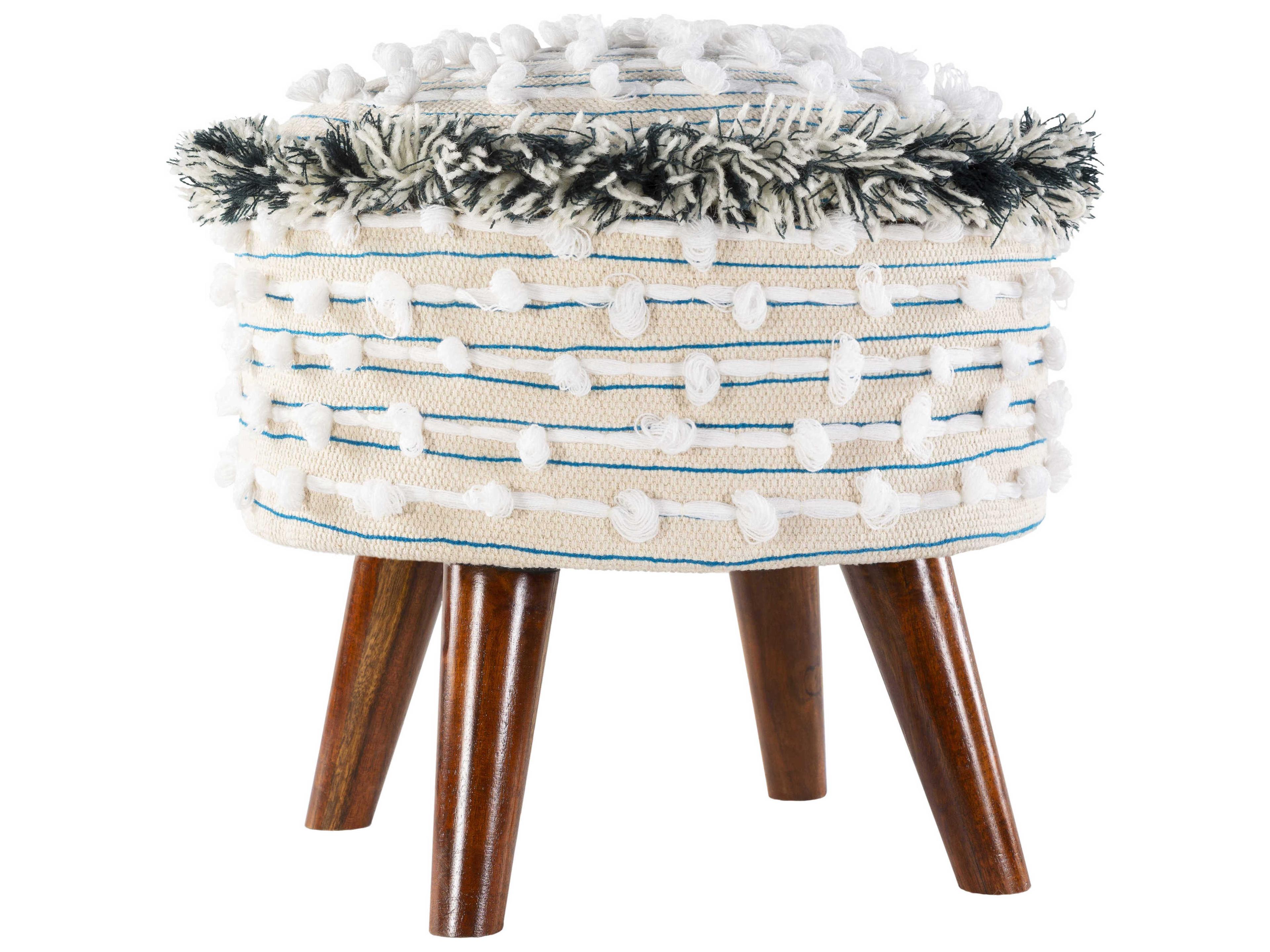 Surya Snow Bright Blue White Upholstered Ottoman