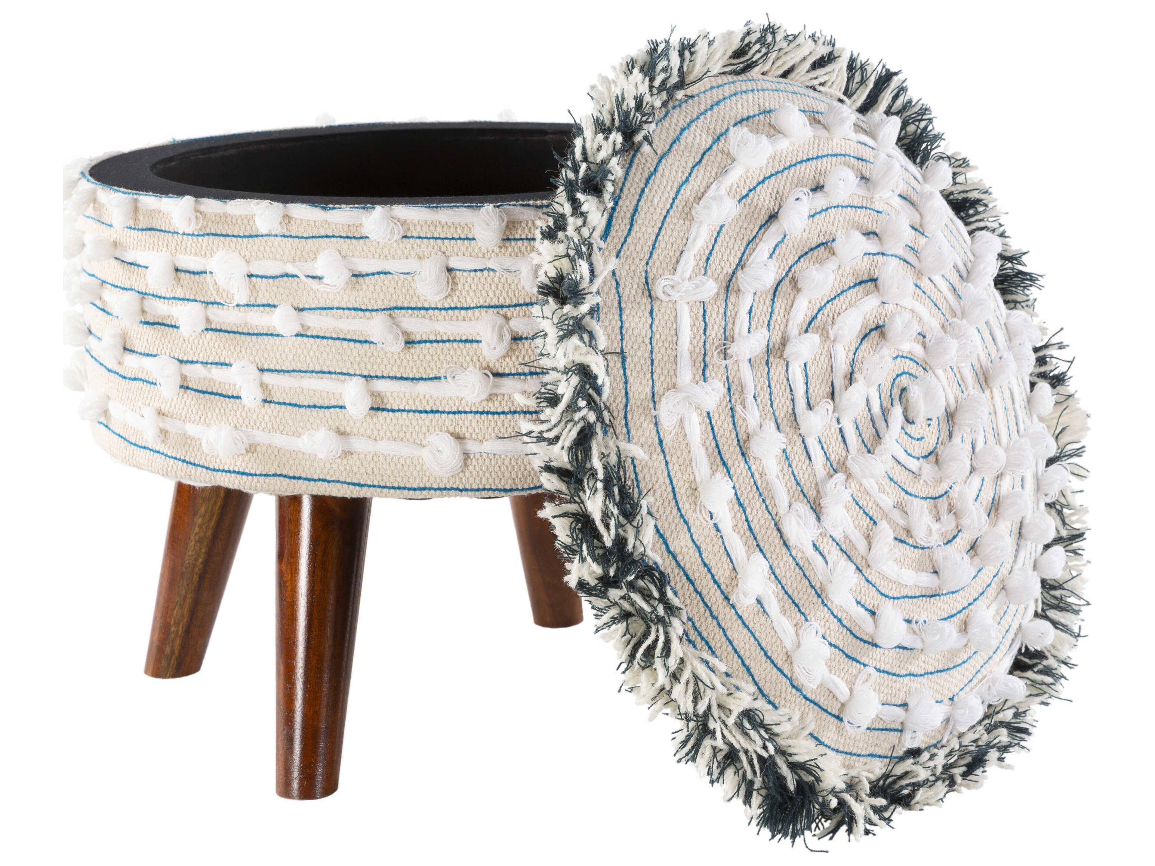 Surya Snow Bright Blue White Upholstered Ottoman