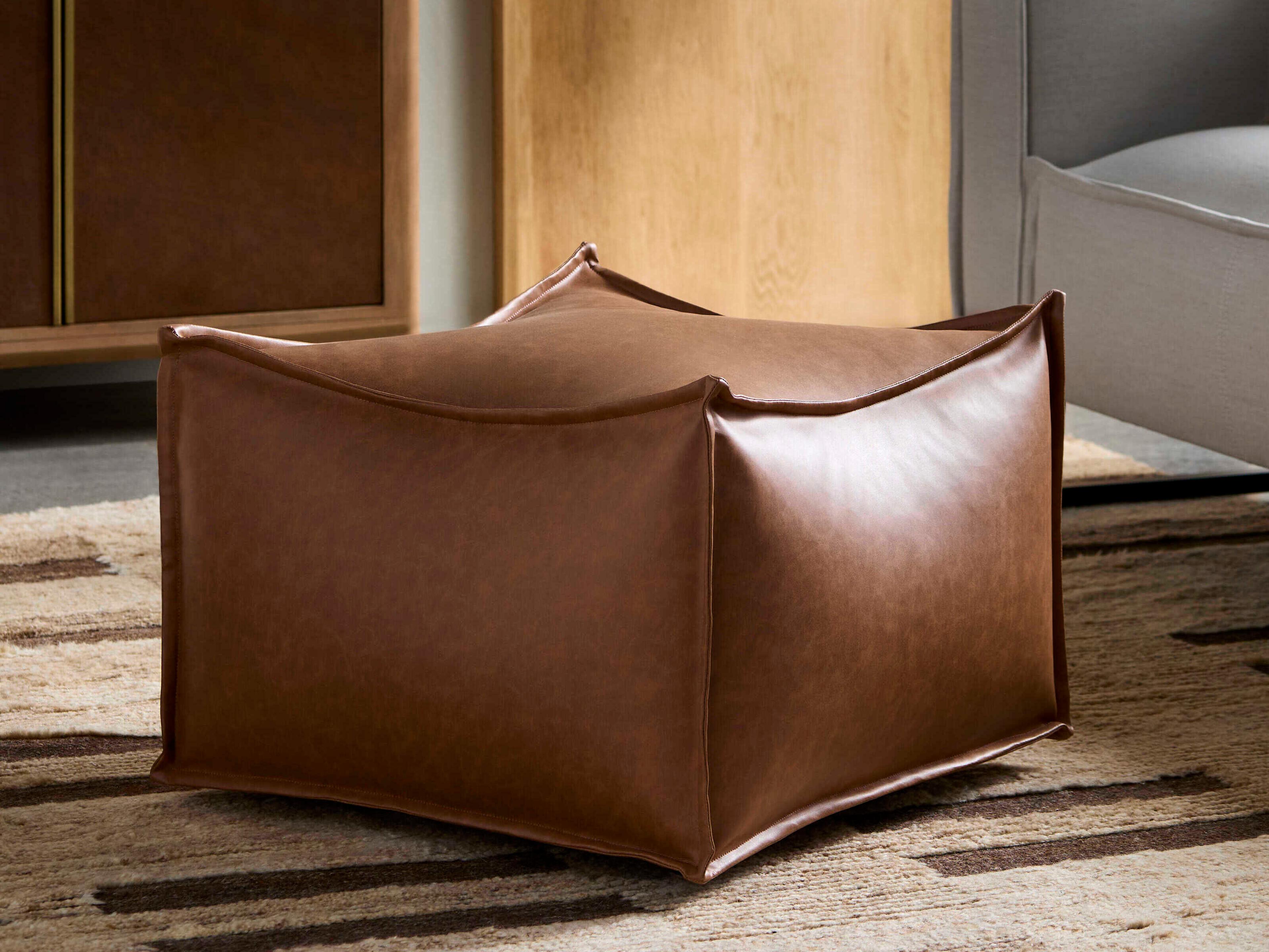 Surya Teddy Chestnut Brown Leather Pouf
