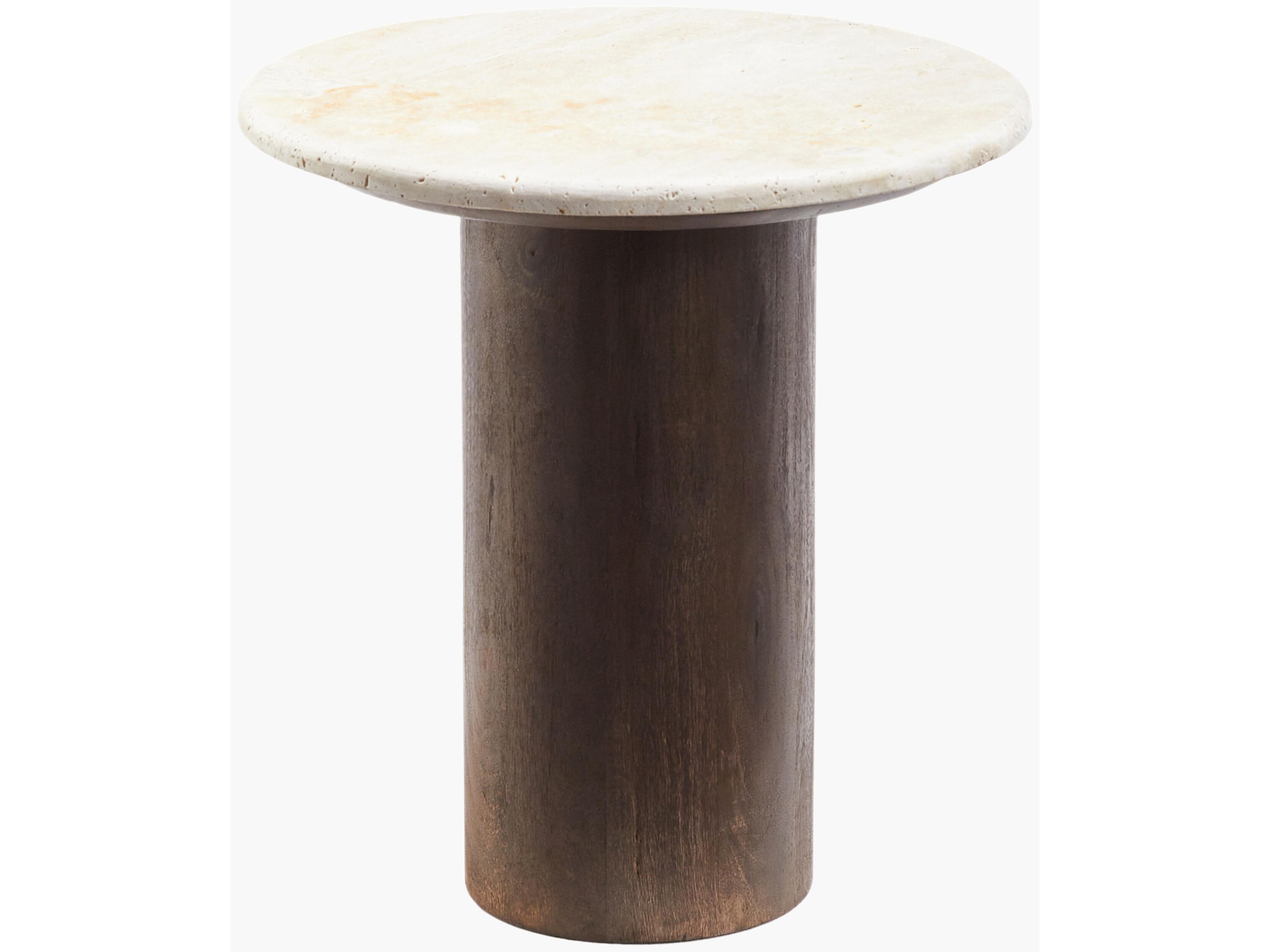 Merrir Round Stone Cream Dark Brown End Table
