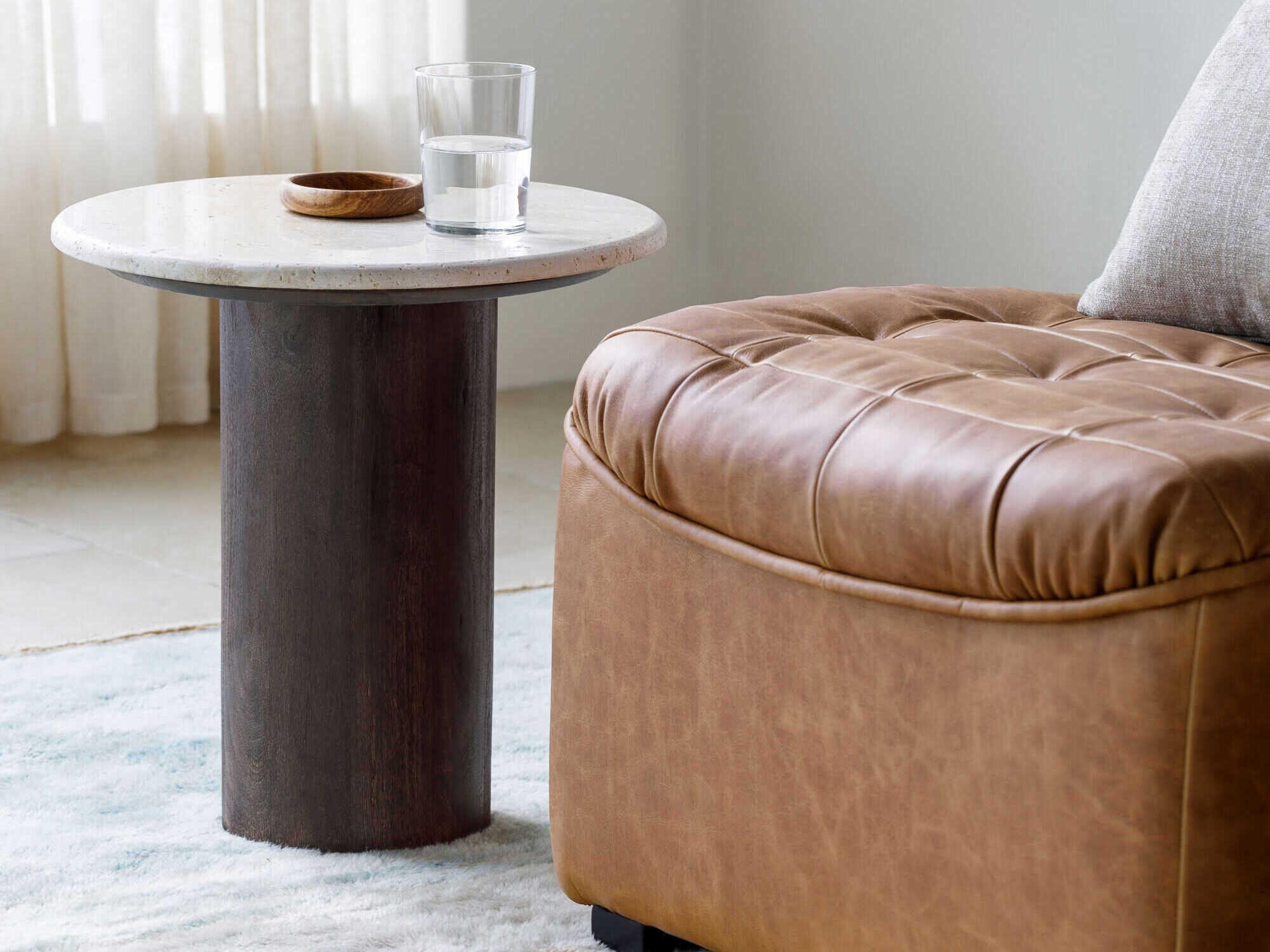 Surya Merrir Round Stone Cream Dark Brown End Table