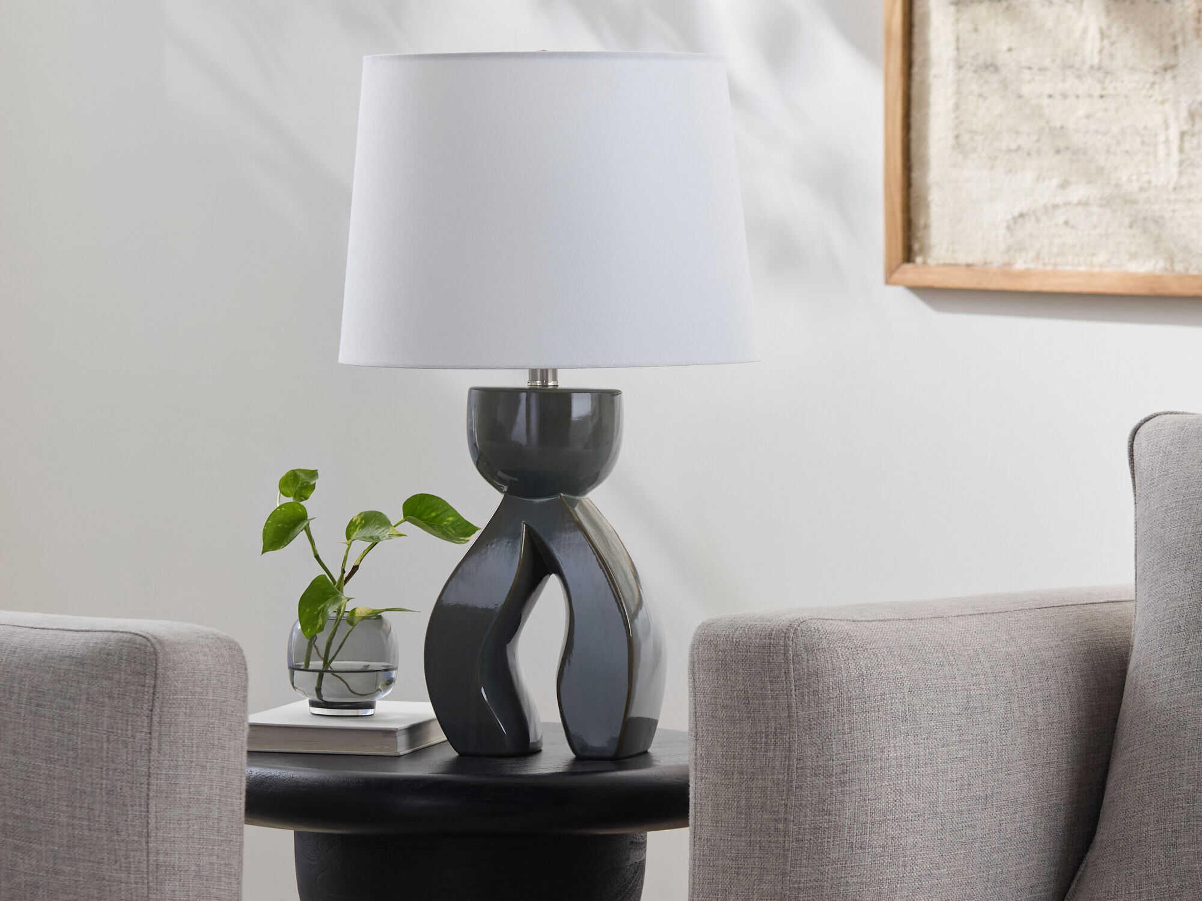 Surya Tufello Dark Green White Linen Table Lamp