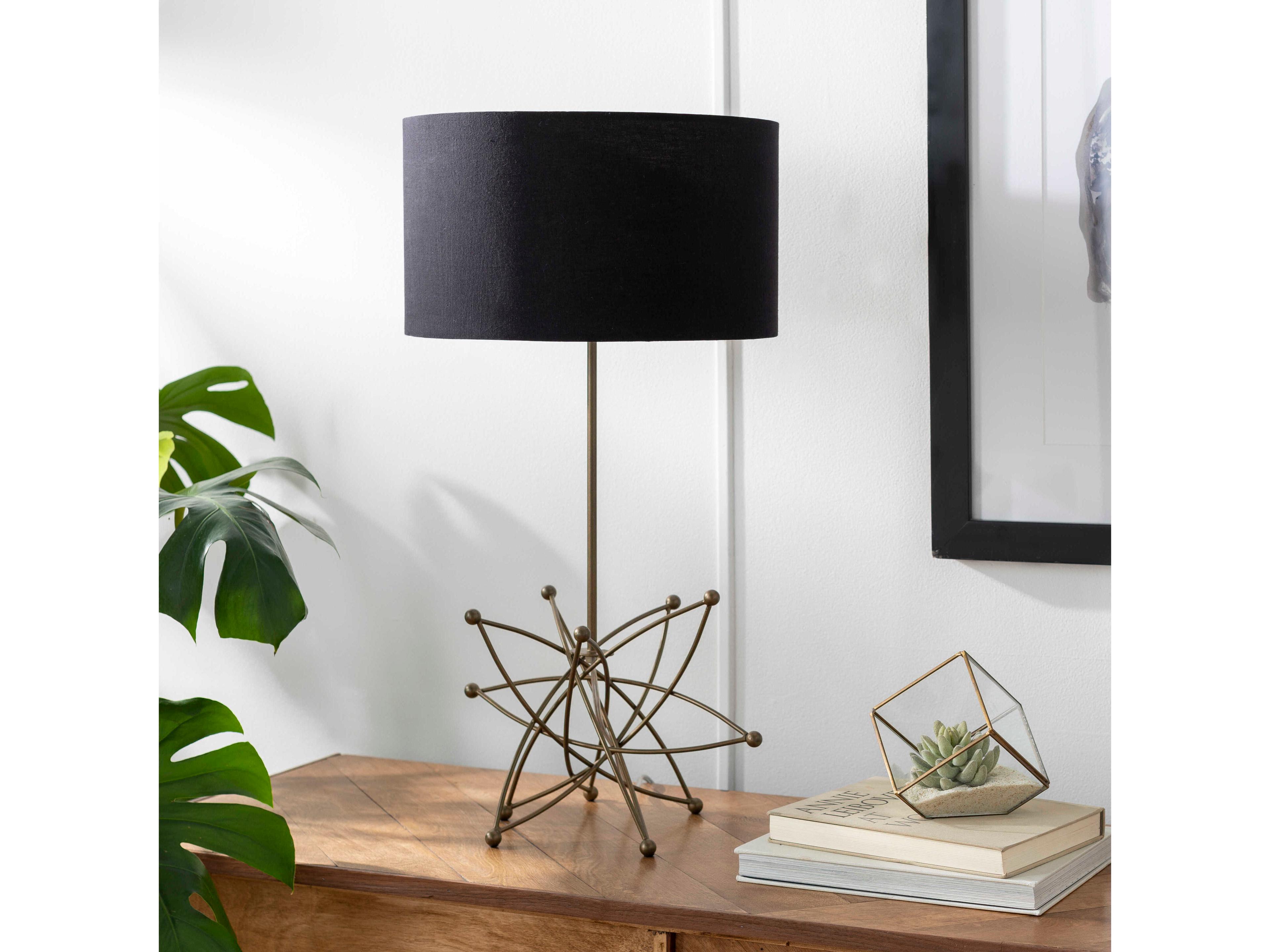 Surya Bud Metallic Brass Black Cotton Buffet Lamp