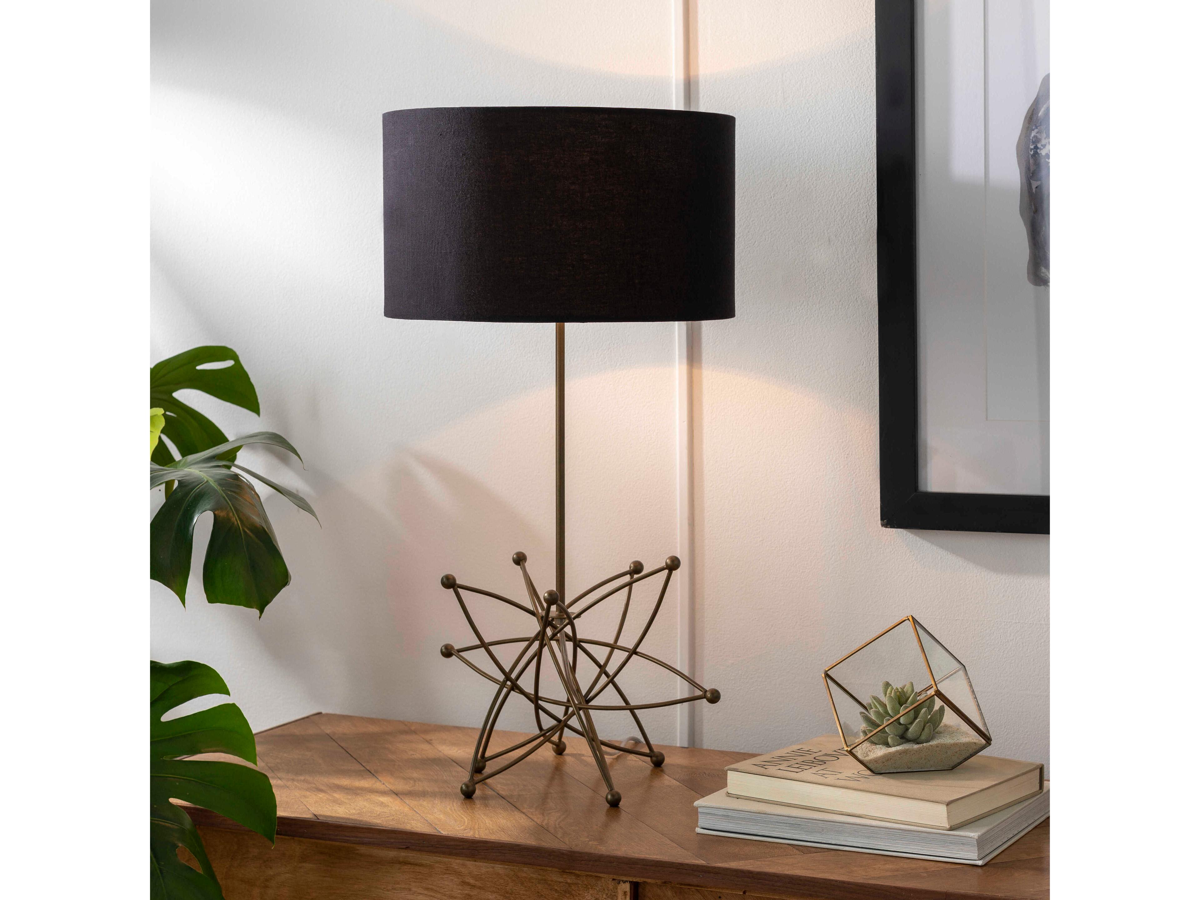 Surya Bud Metallic Brass Black Cotton Buffet Lamp