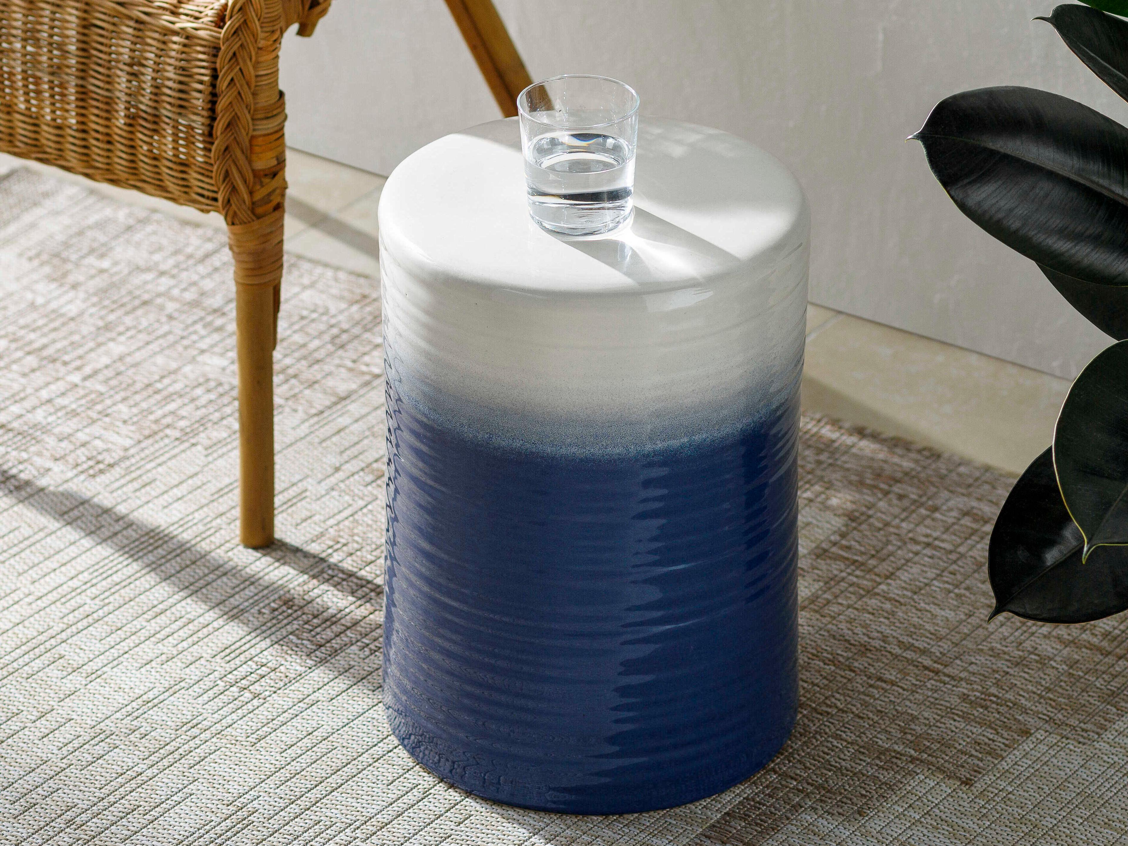 Surya Waverly White Navy Denim Blue Accent Stool