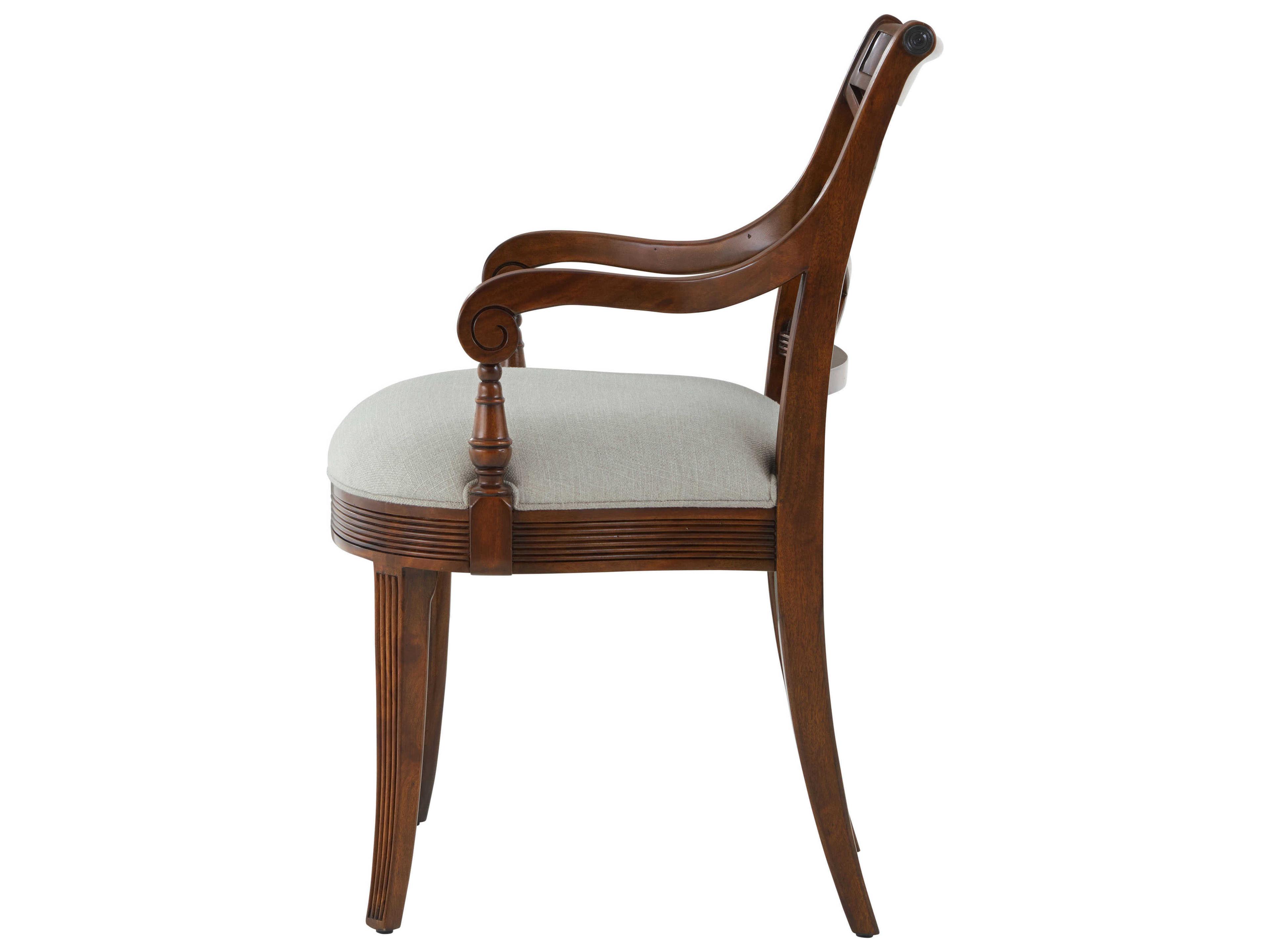 Theodore Alexander Essential Mahogany Wood Brown Upholstered Arm Dining Chair