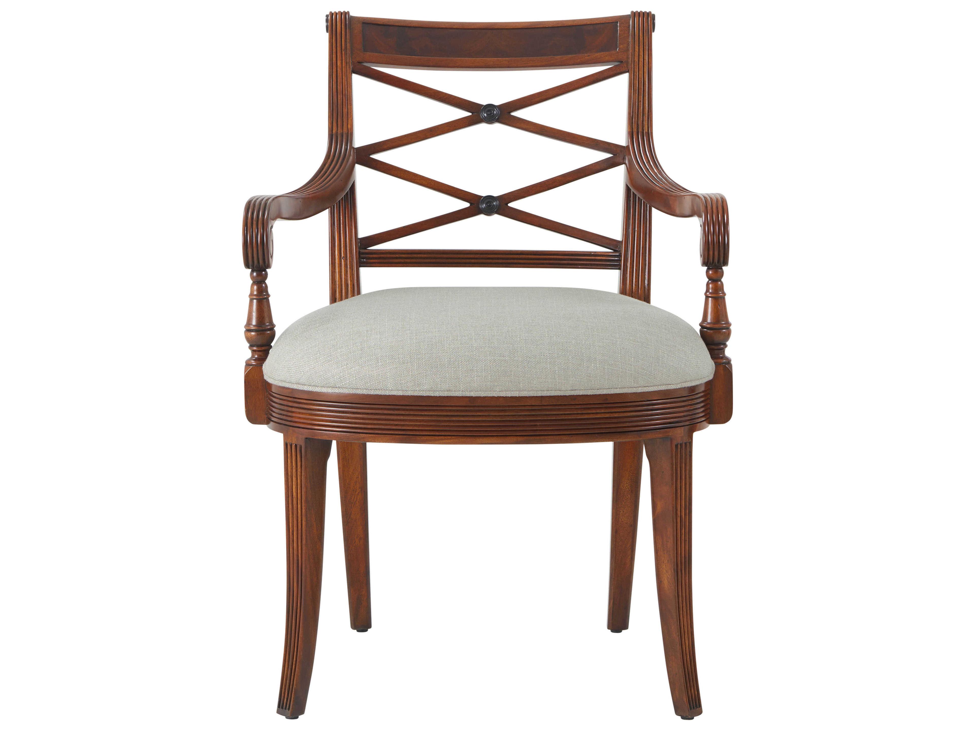 Theodore Alexander Essential Mahogany Wood Brown Upholstered Arm Dining Chair