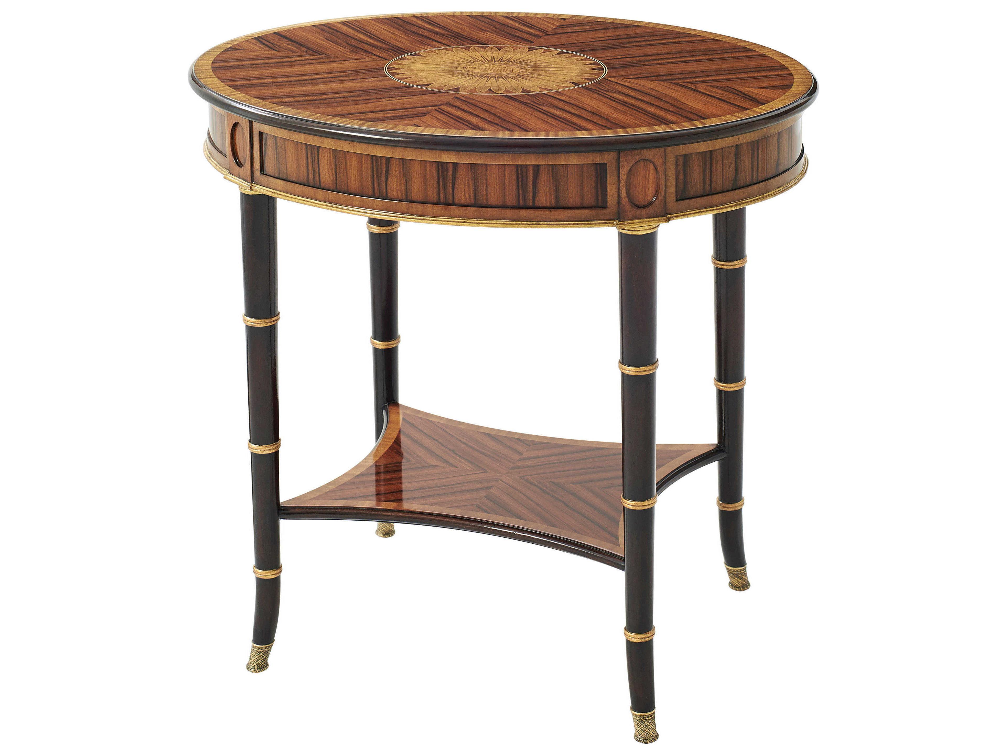 English Cabinet Maker Round Wood Italian Gold Black Rub End Table
