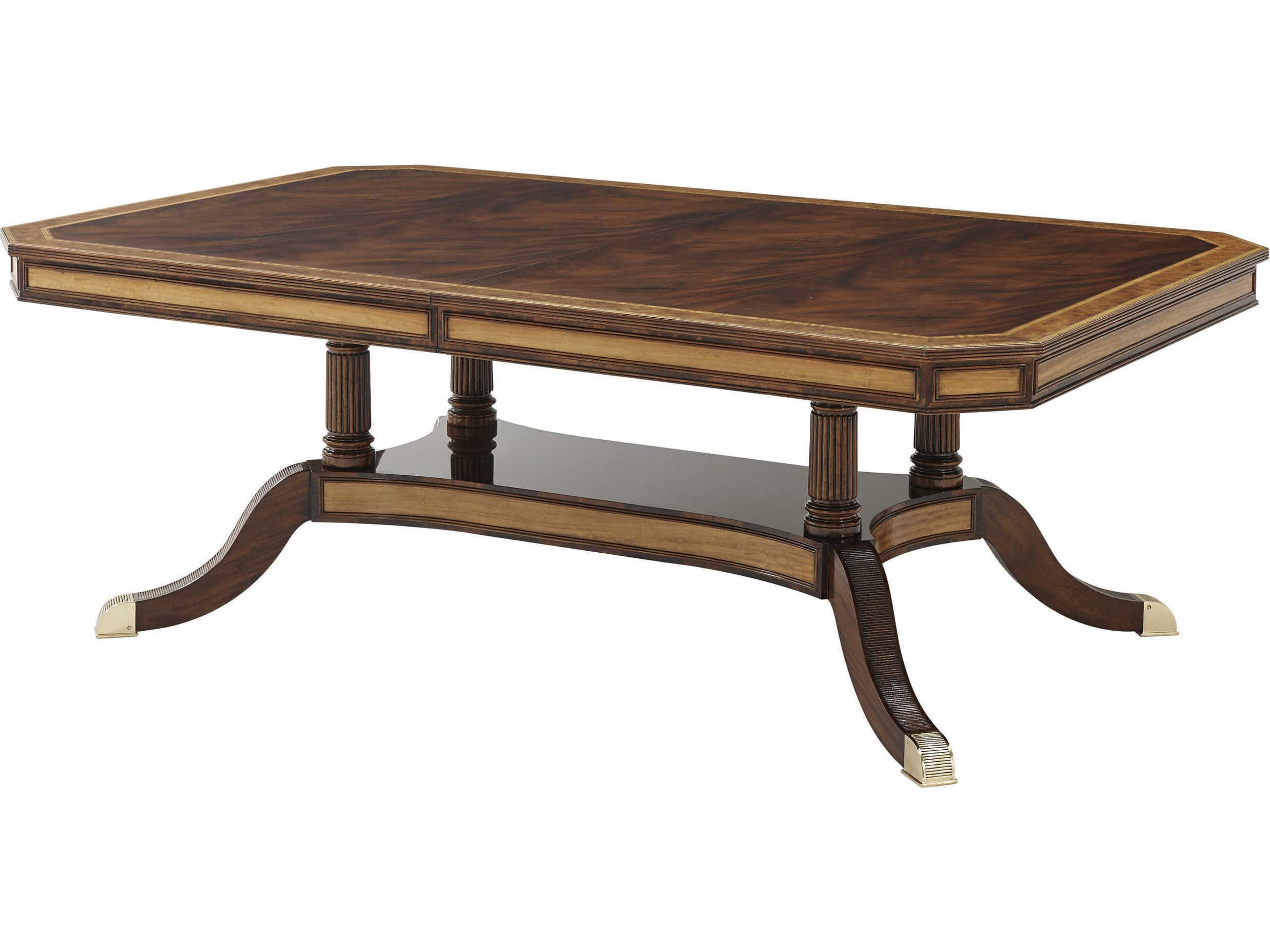 The English Cabinet Maker Rectangular Swirl Mahogany Veneer Satinwood Brass Dining Table
