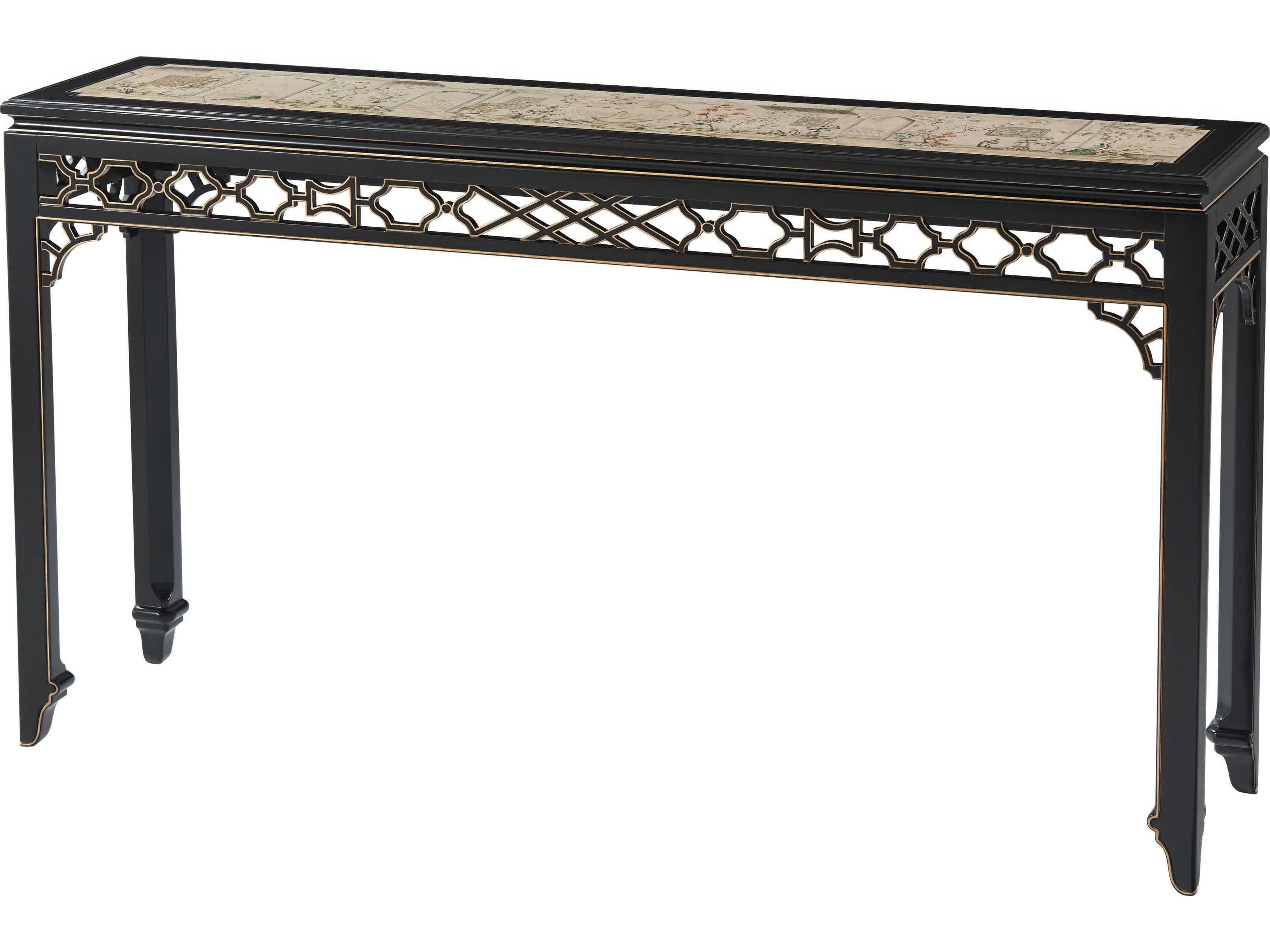 Rectangular Wood Italian Gold Chinesische Aquarelle Long Hall Chinoiserie Console Table