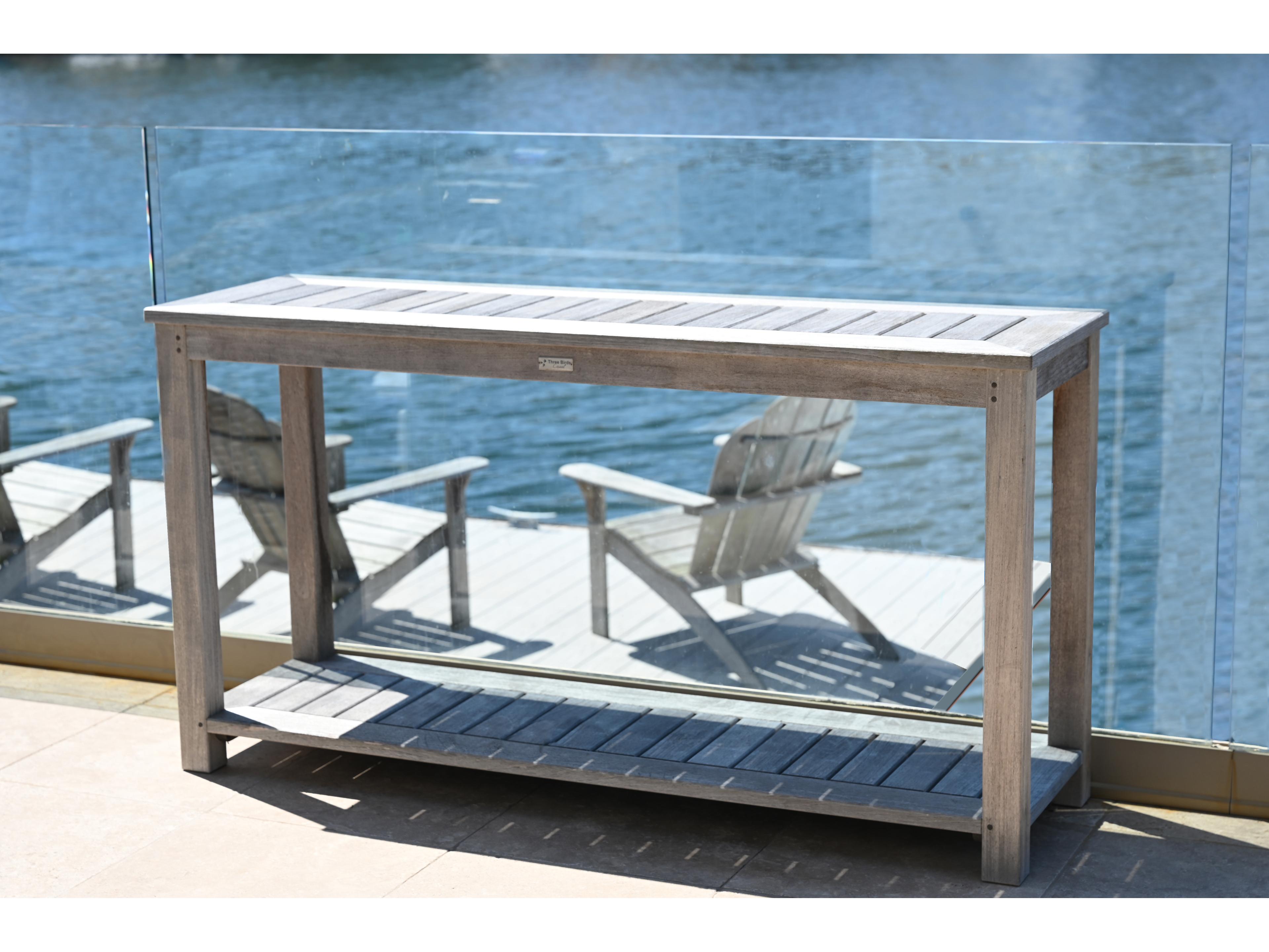 Three Birds Casual Newport Teak Natural Rectangular Patio Console Table with Lower Shelf