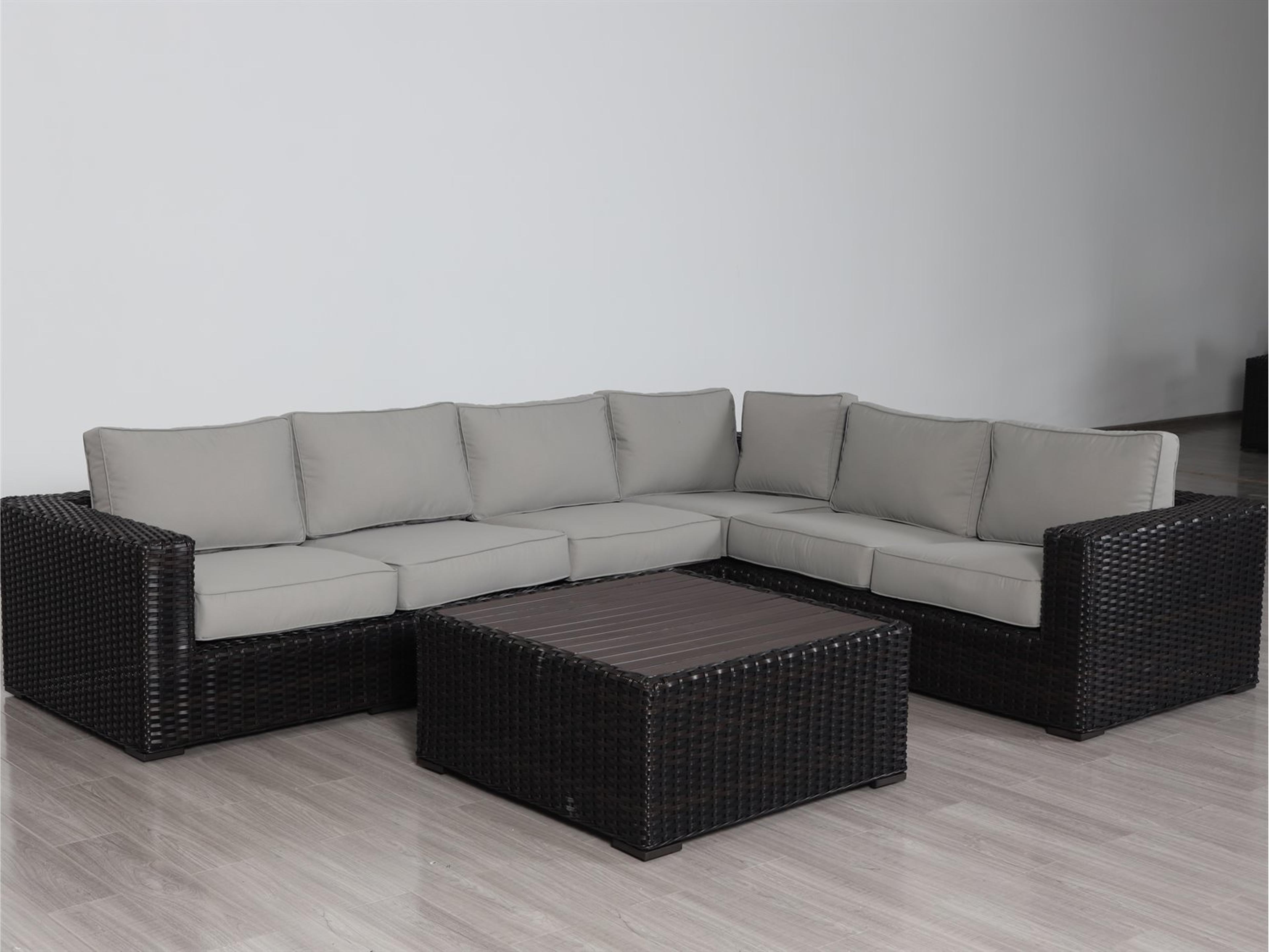 Santa Monica Wicker Rattan Sectional Set in Grey Fabric