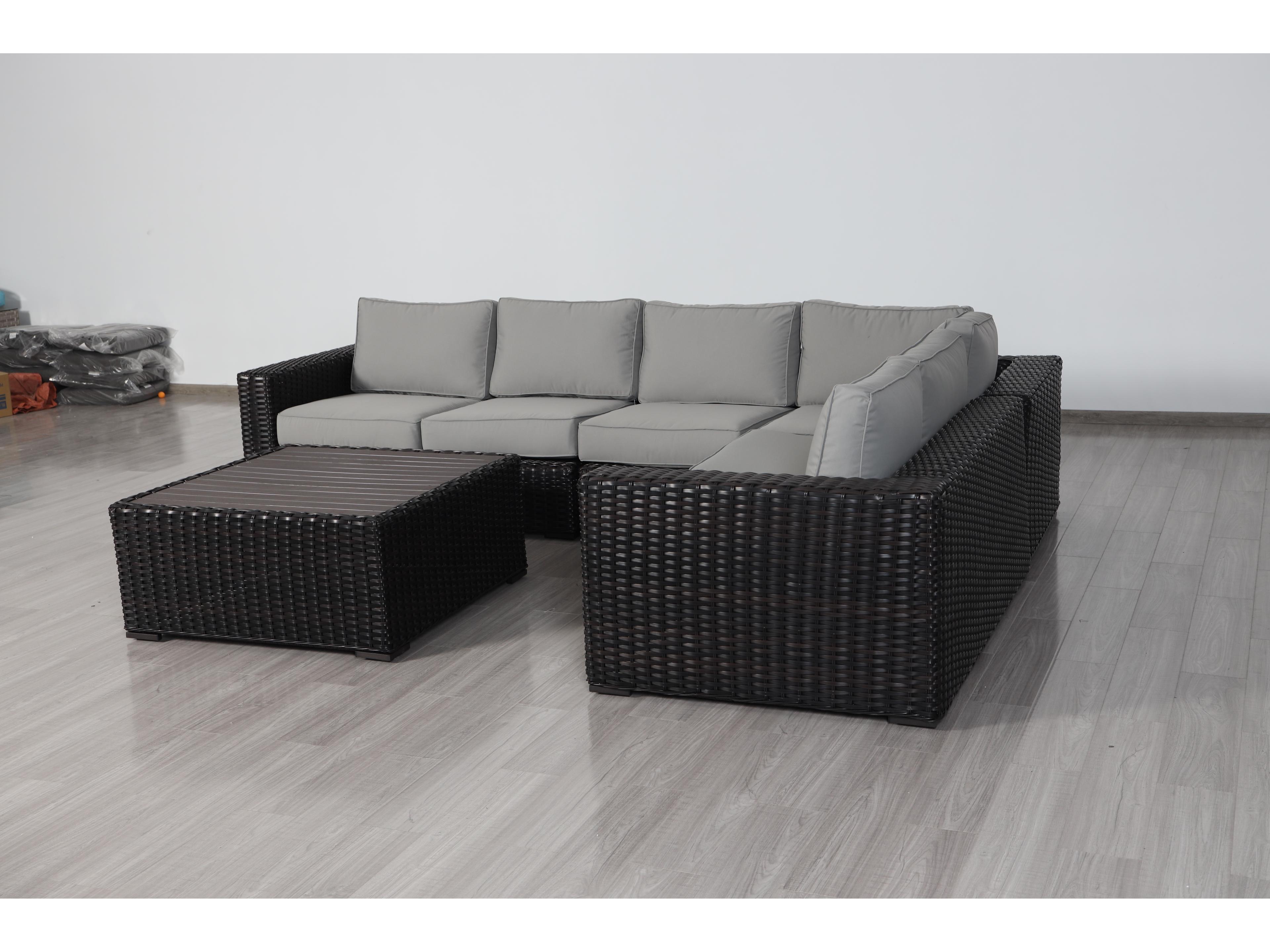 Teva Santa Monica Wicker Rattan Sectional Set in Grey Fabric