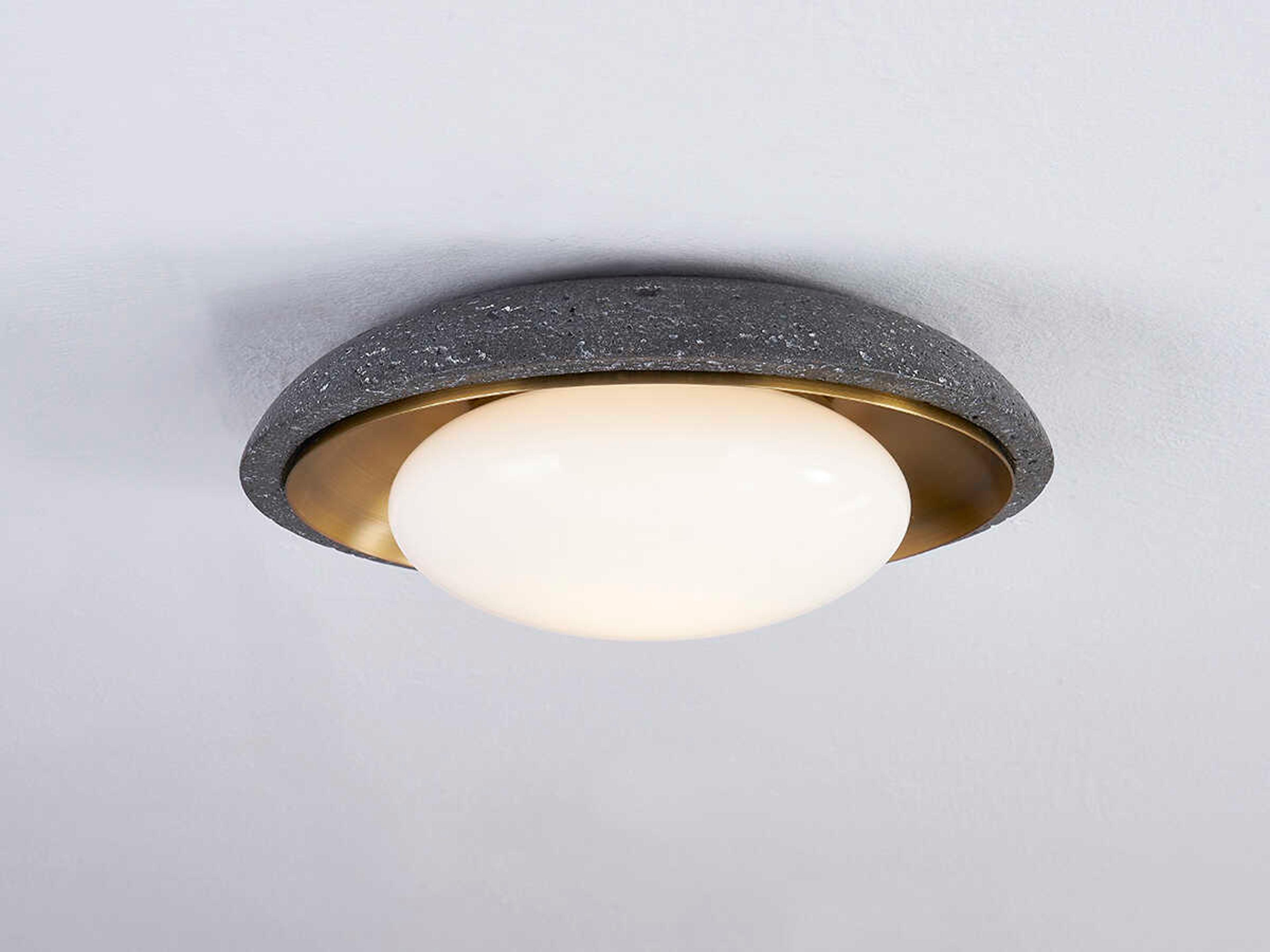 Troy Lighting Rocklin 1-Light Patina Brass Gray Glass LED Round Flush Mount