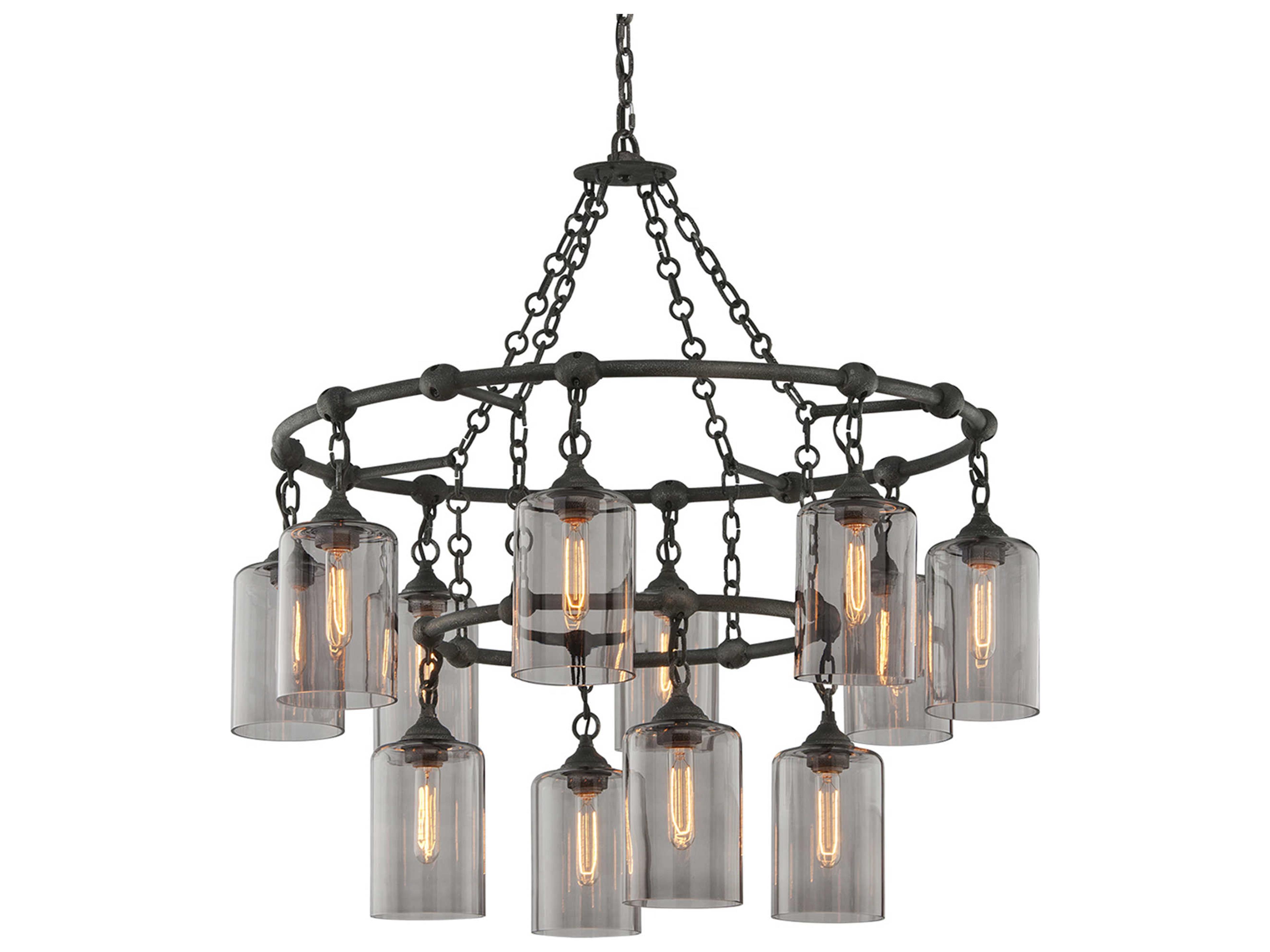 Troy Lighting Gotham 12-Light Aged Silver Glass Candelabra Cylinder Tiered Chandelier