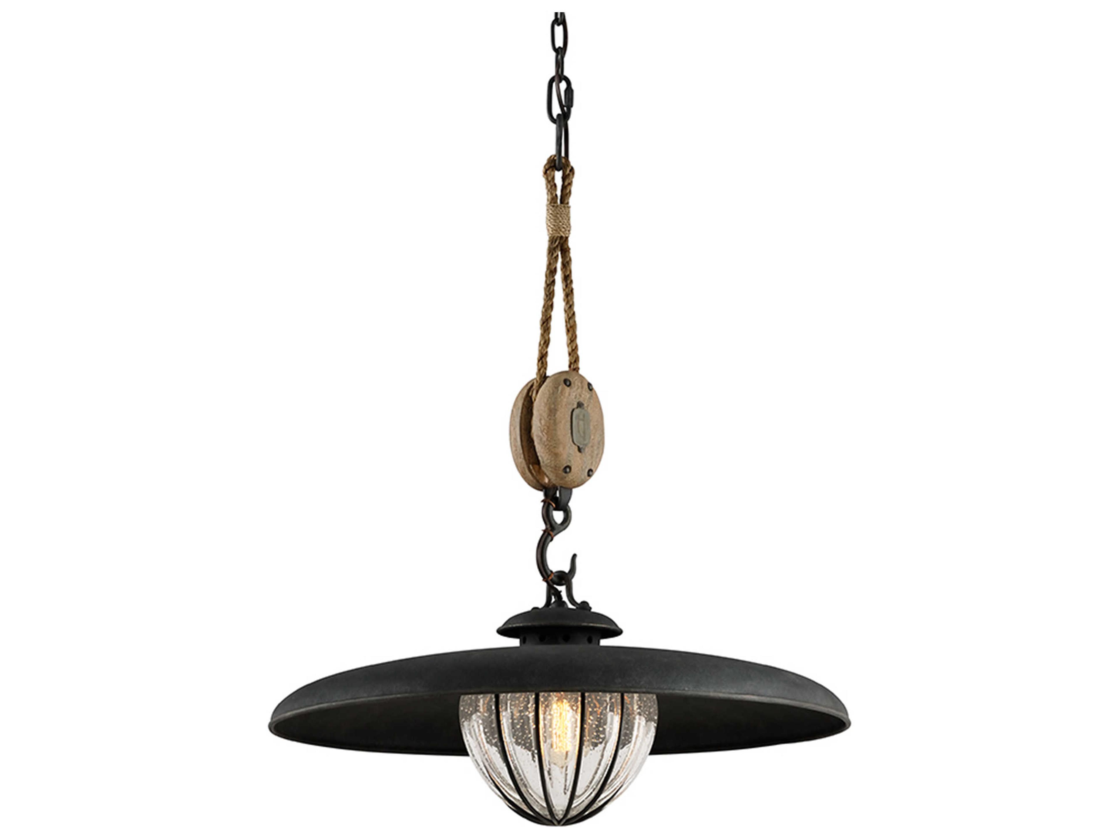 Troy Lighting Murphy 1-Light Vintage Iron With Rustic Wood Black Glass Globe Pendant
