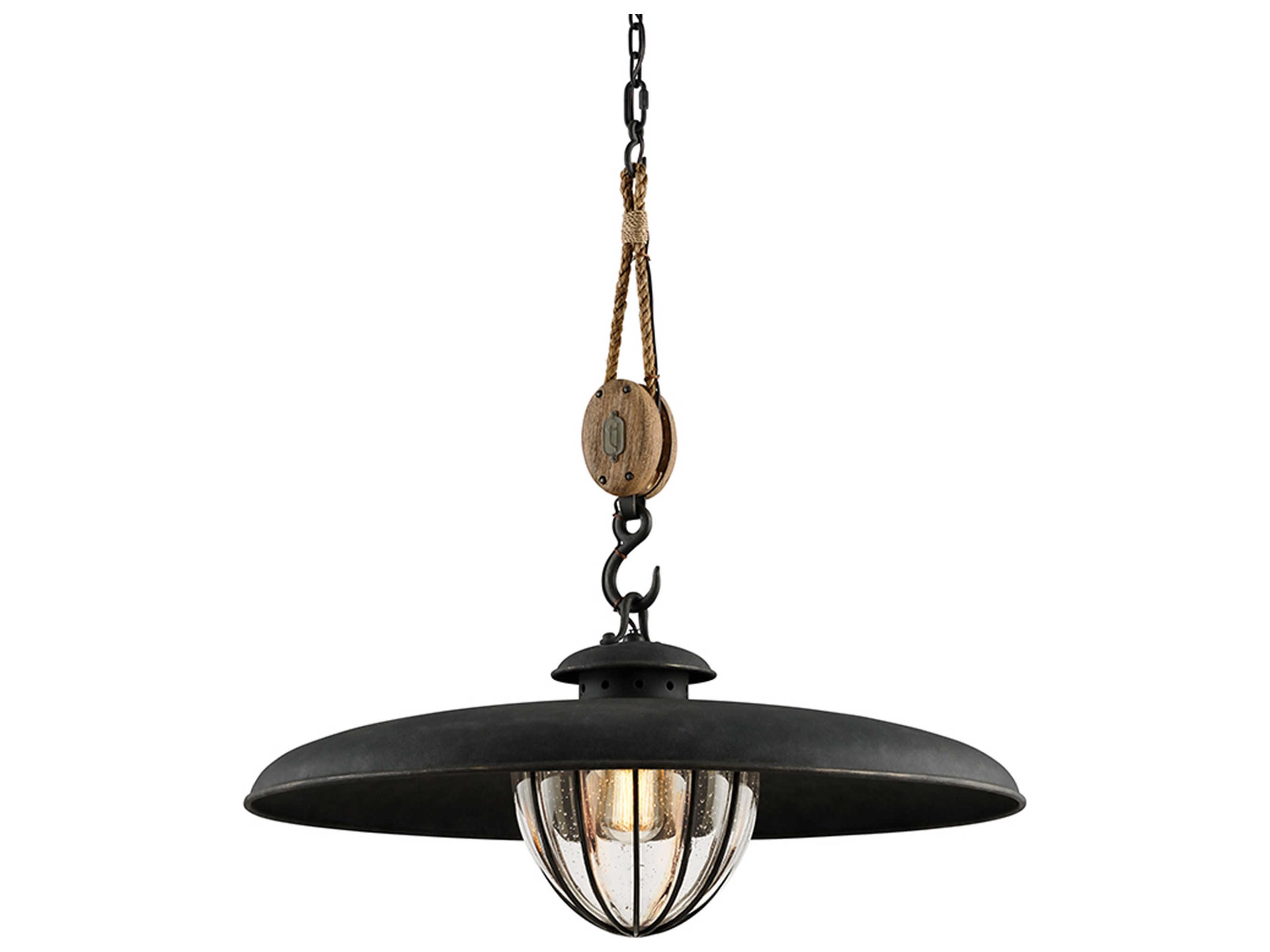 Troy Lighting Murphy 1-Light Vintage Iron Rustic Wood Black Glass Globe Pendant