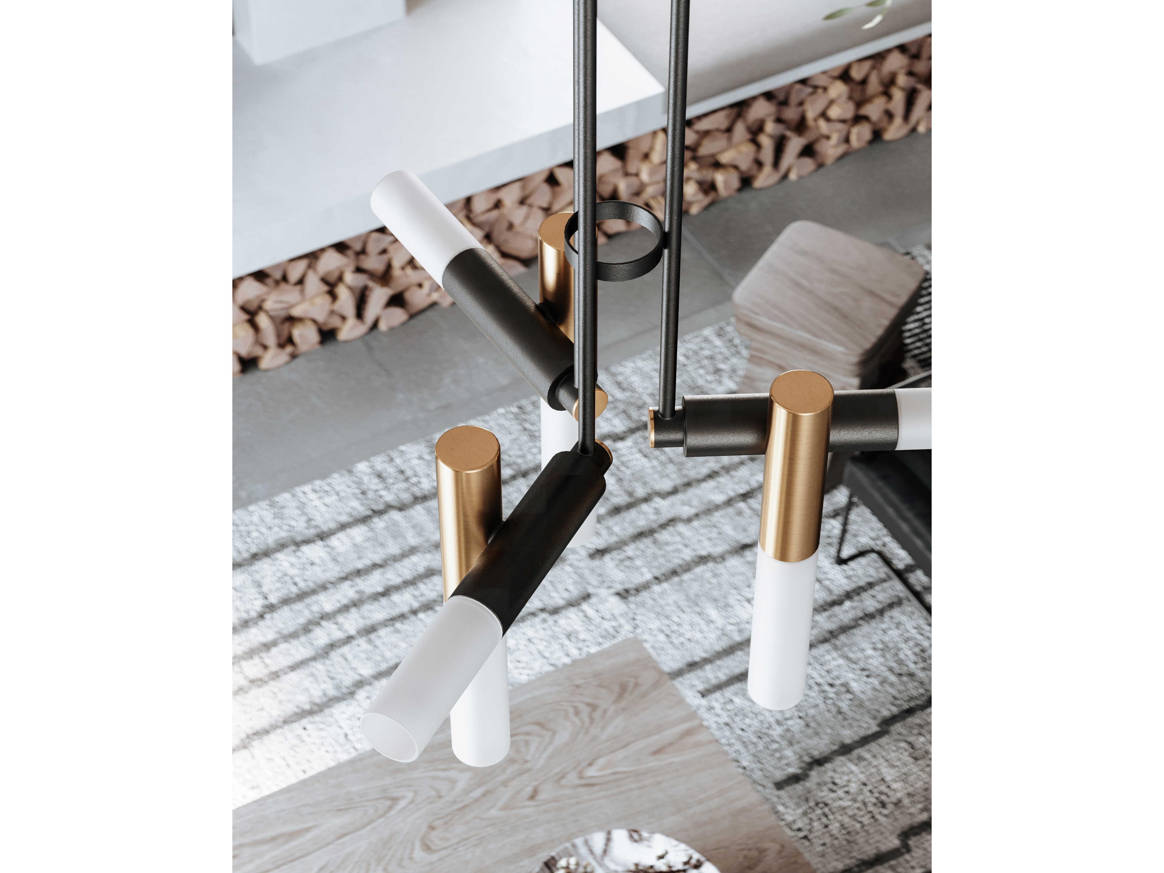 Troy Lighting Koa 6-Light Patina Brass Soft Black Glass Cylinder Linear Chandelier