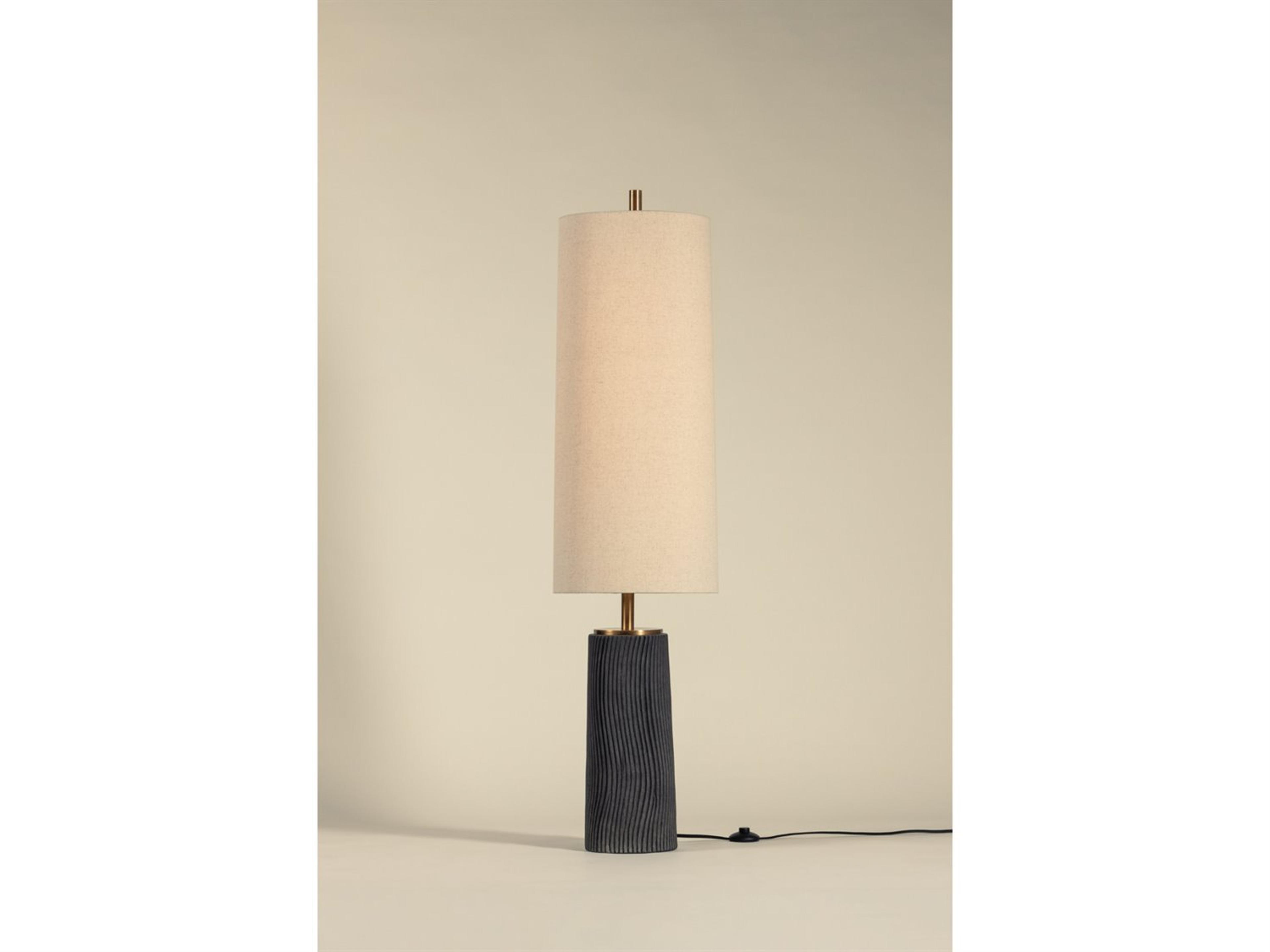 Troy Lighting Thane Patina Brass Ceramic Meditation Grey Natural Linen Fabric Floor Lamp