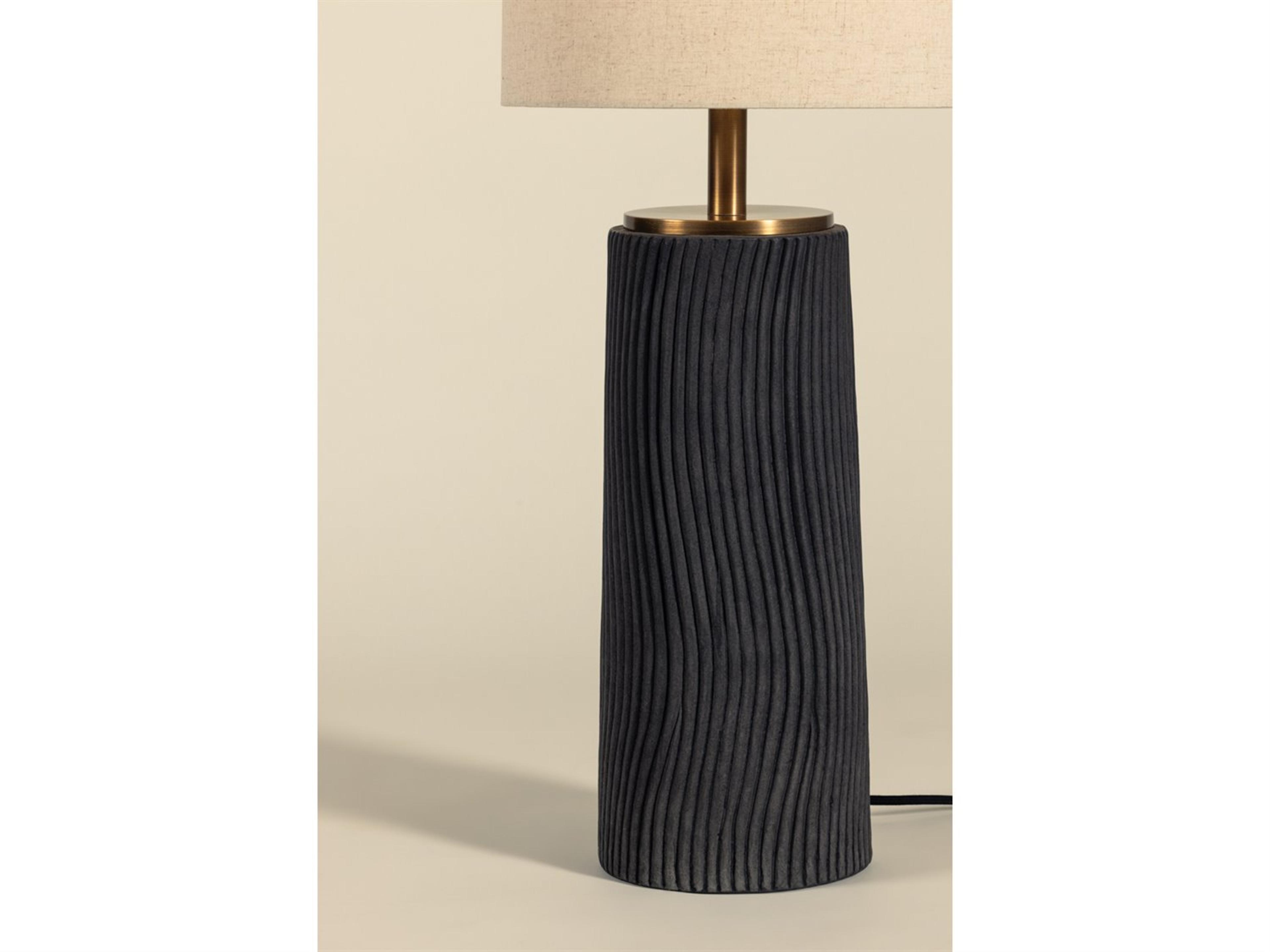 Troy Lighting Thane Patina Brass Ceramic Meditation Grey Natural Linen Fabric Floor Lamp