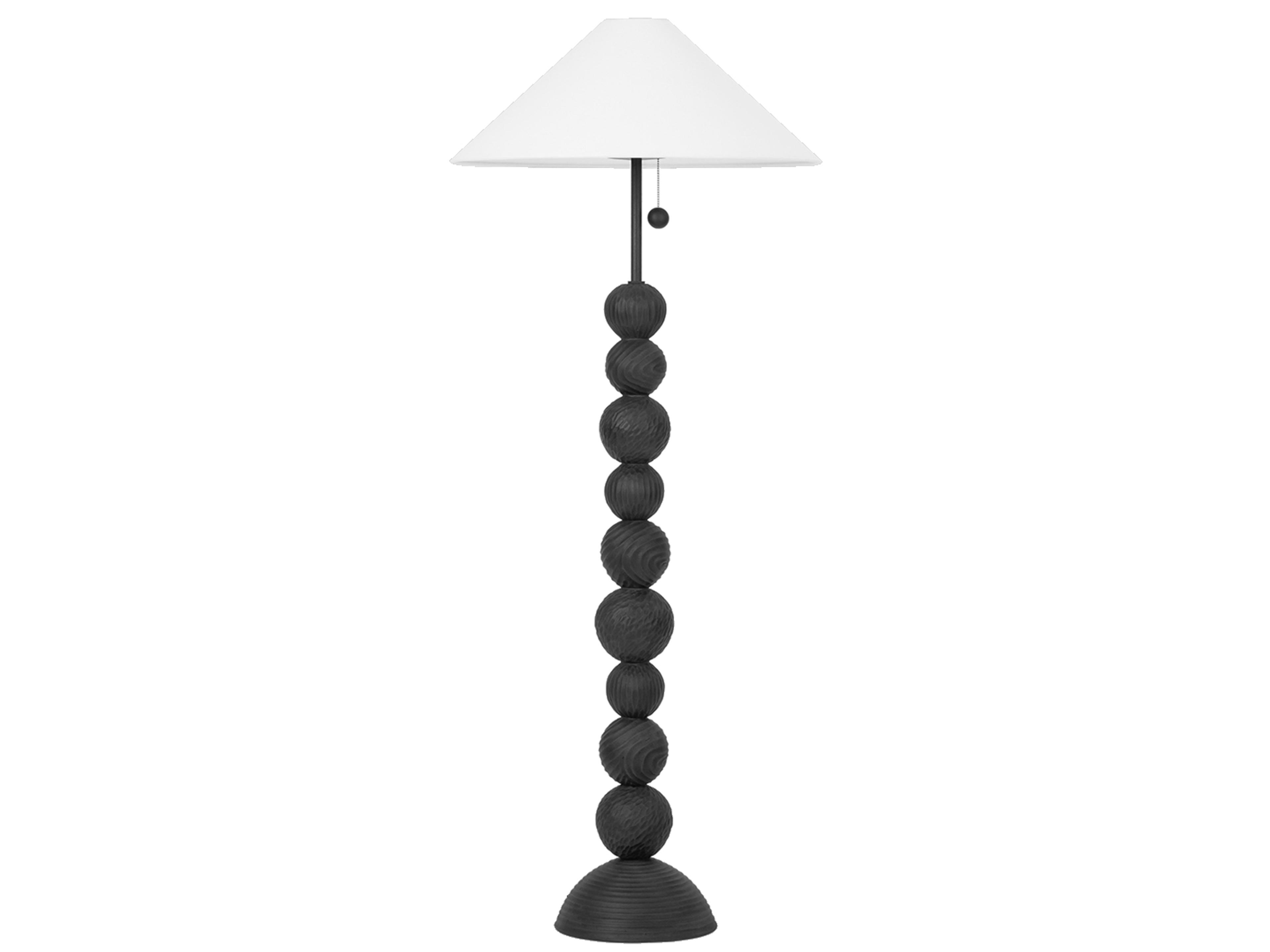 Miela Forged Iron Ceramic Black Motif Off White Linen Floor Lamp