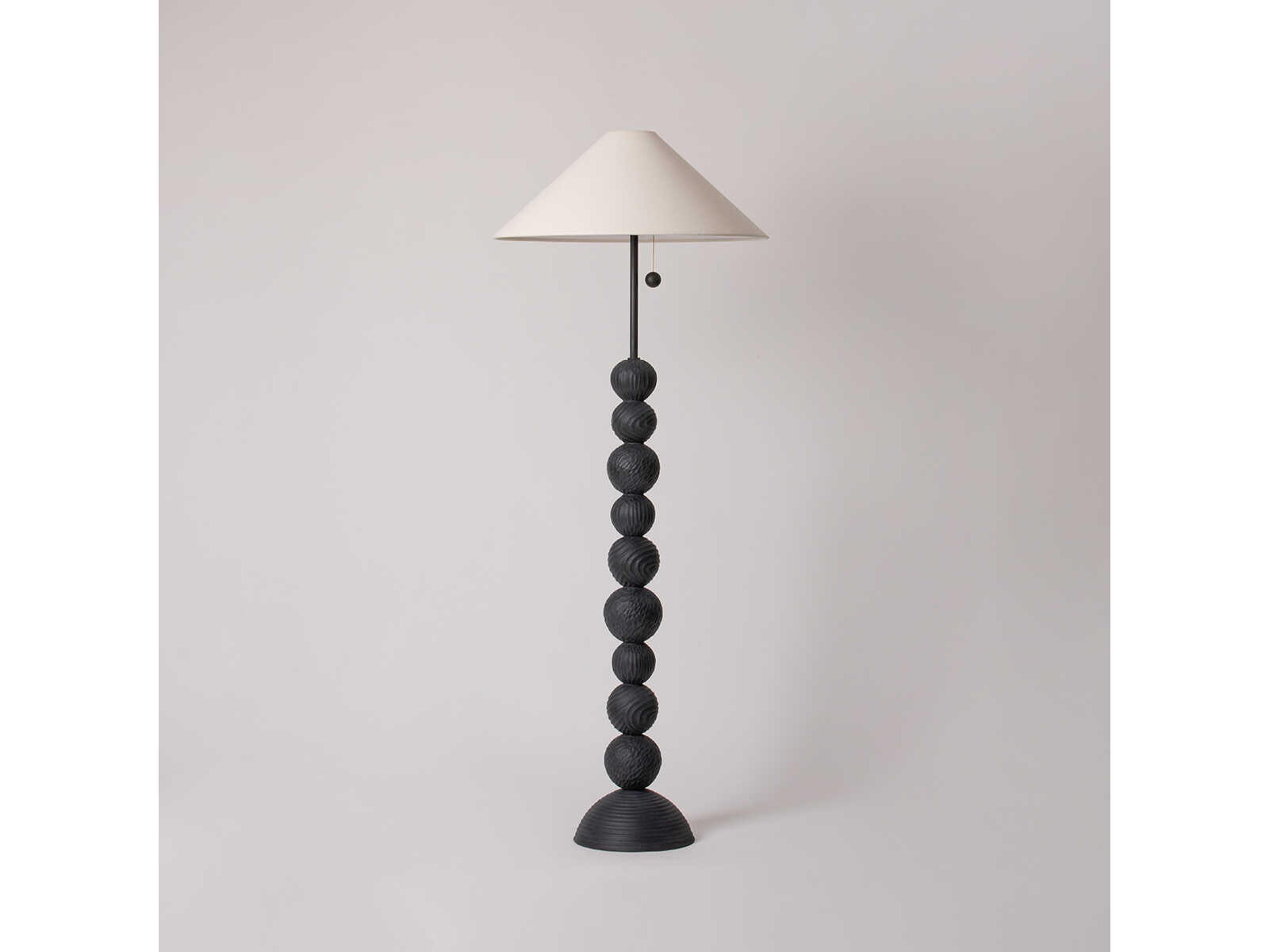 Troy Lighting Miela Forged Iron Ceramic Black Motif Off White Linen Floor Lamp