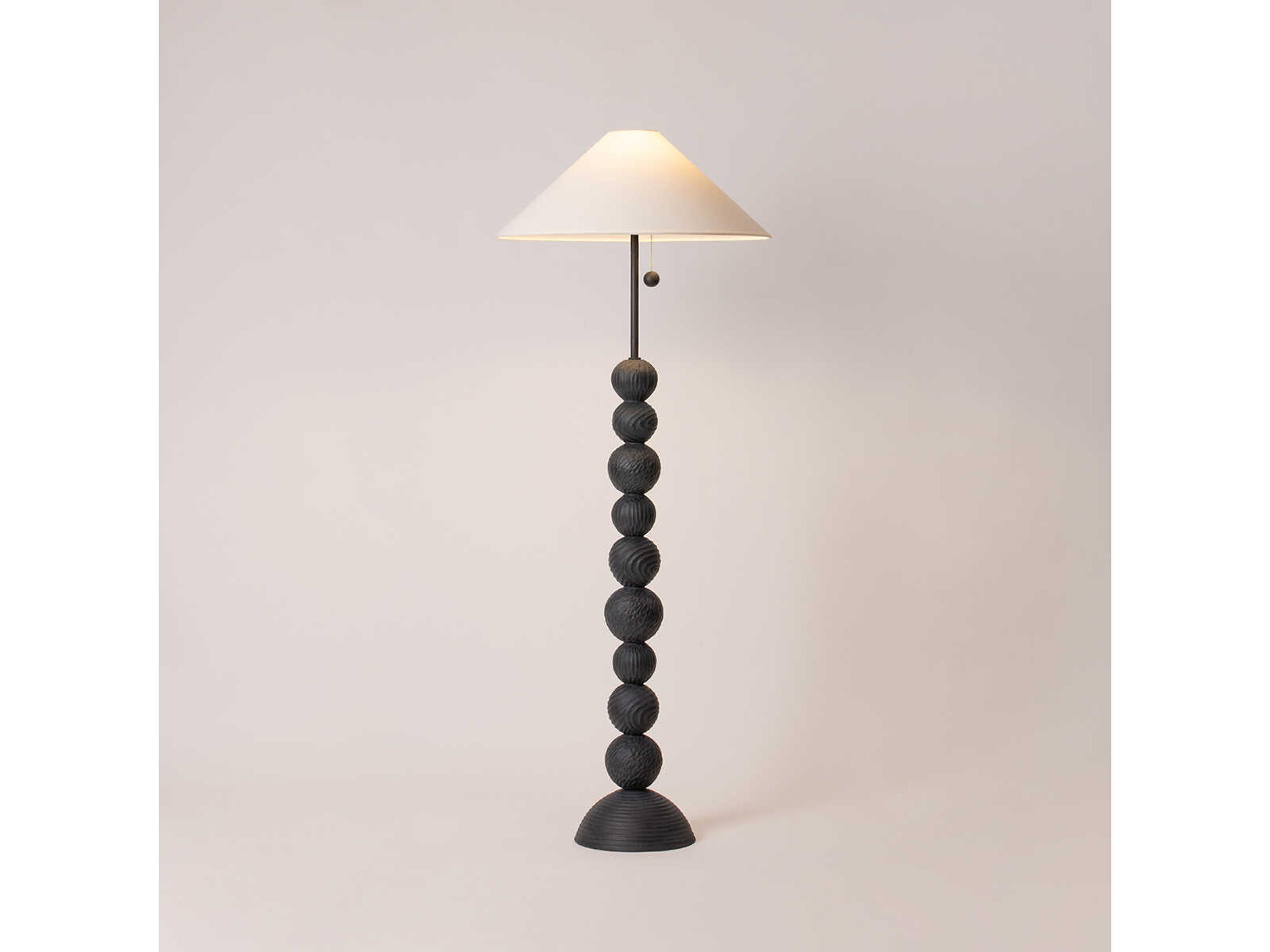 Troy Lighting Miela Forged Iron Ceramic Black Motif Off White Linen Floor Lamp