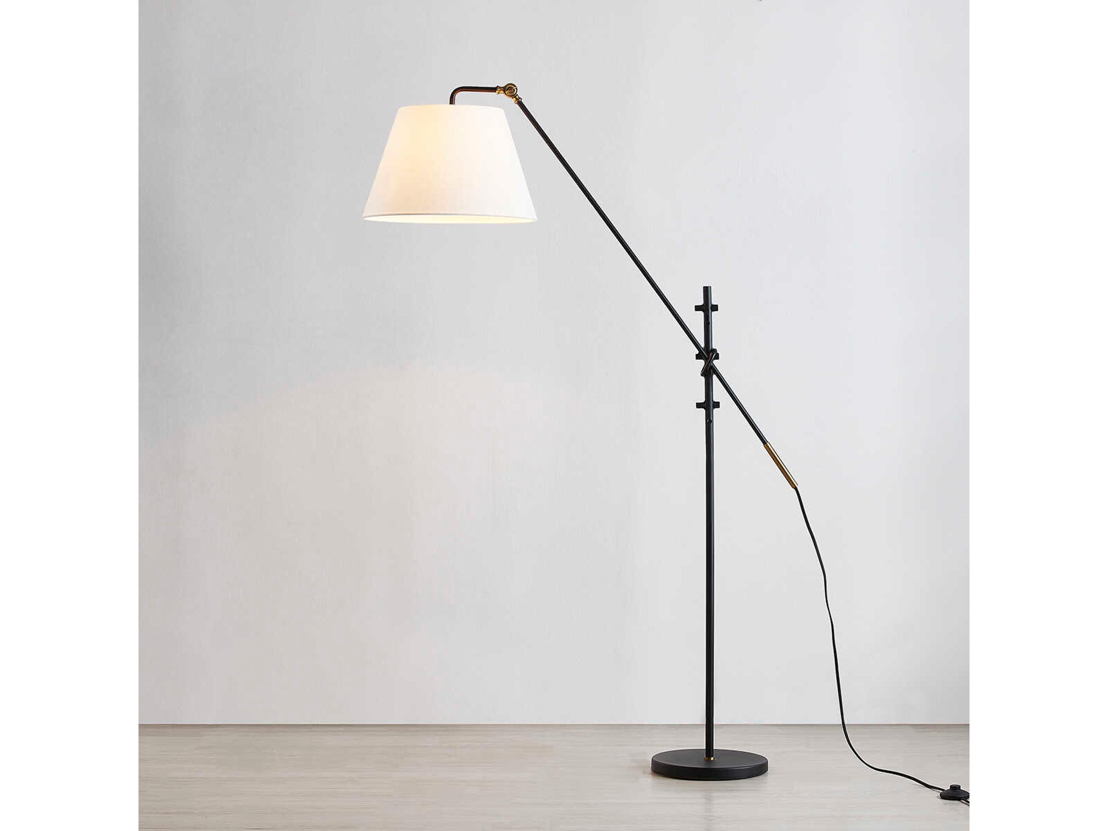 Troy Lighting Navin Patina Brass White Linen Black Floor Lamp