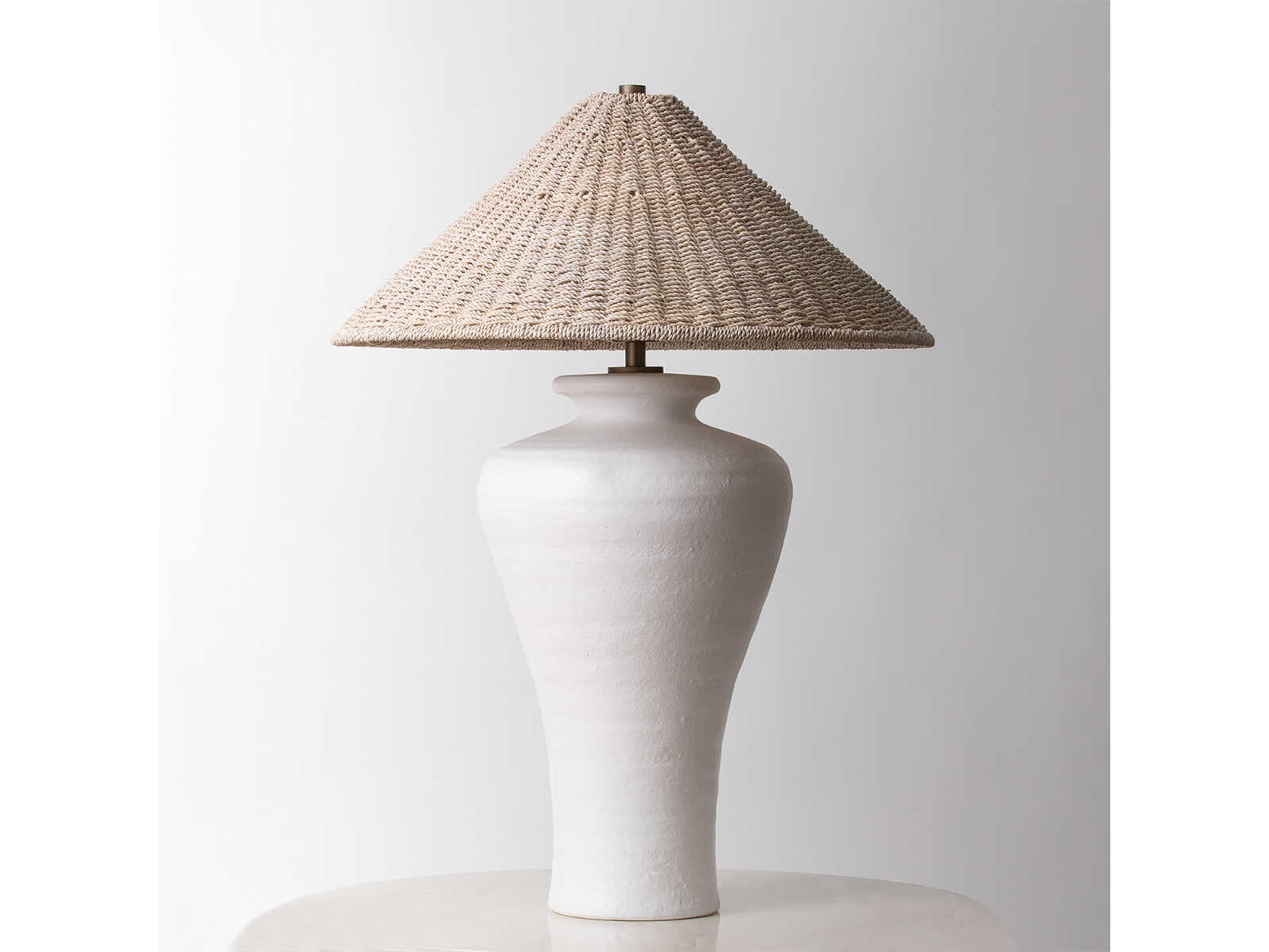 Troy Lighting Pezante Patina Brass Ceramic Loft White Bleached Abaca Buffet Lamp