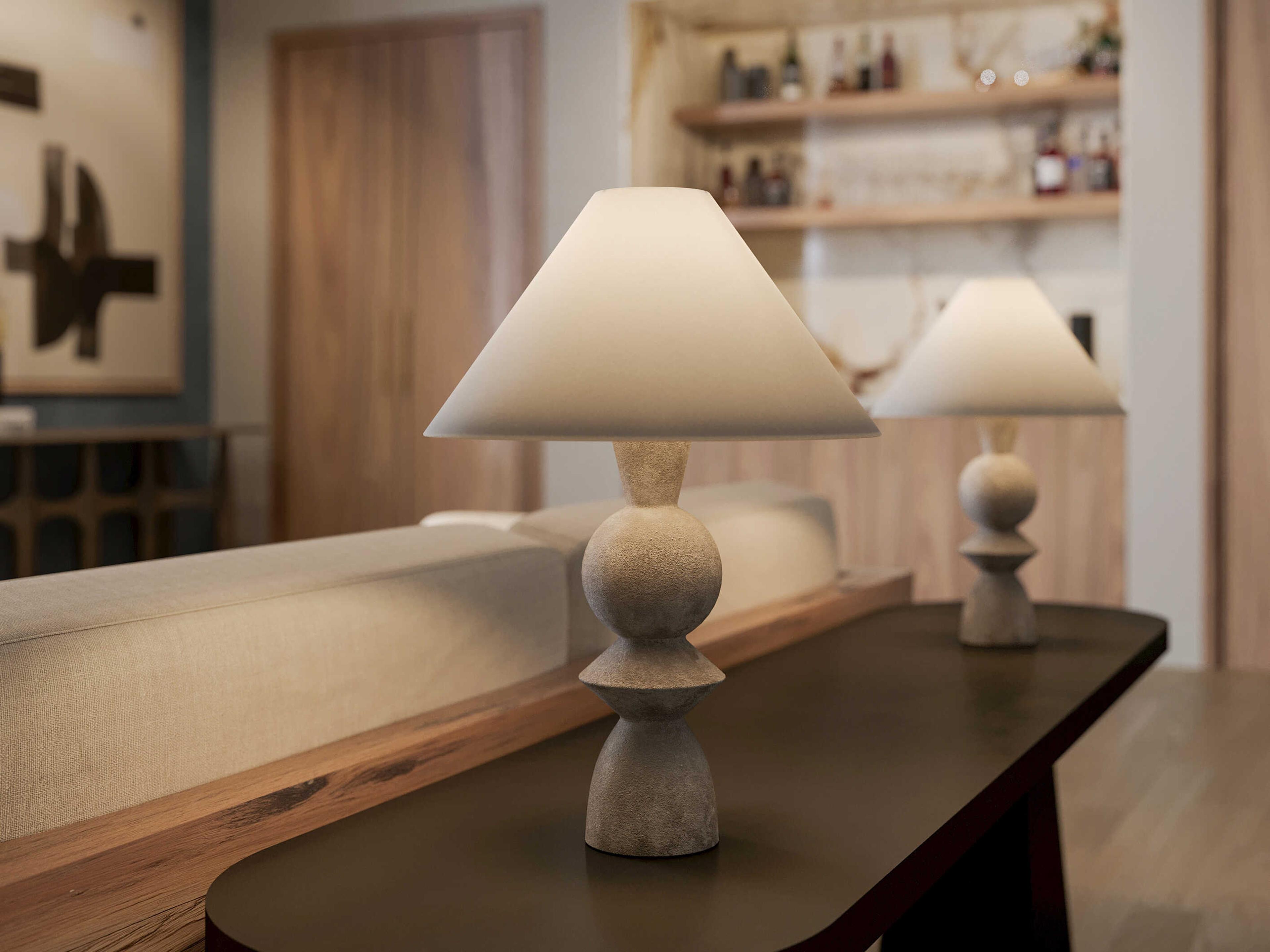 Troy Lighting Cyrah Patina Brass Ceramic Lunar Grey White Linen Fabric Buffet Lamp