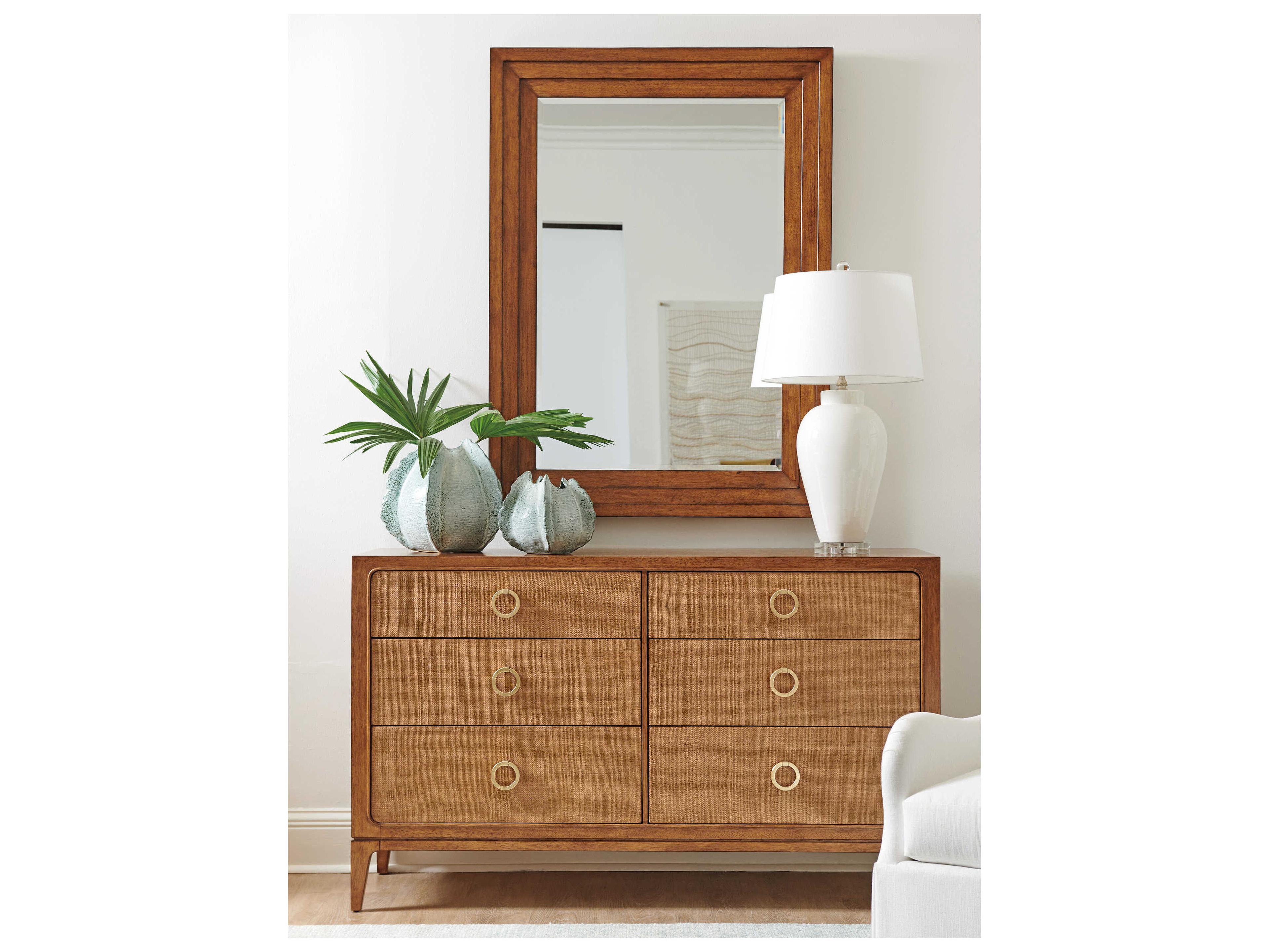 Tommy Bahama Palm Desert Wood Framed Raffia Rectangular Wall Mirror