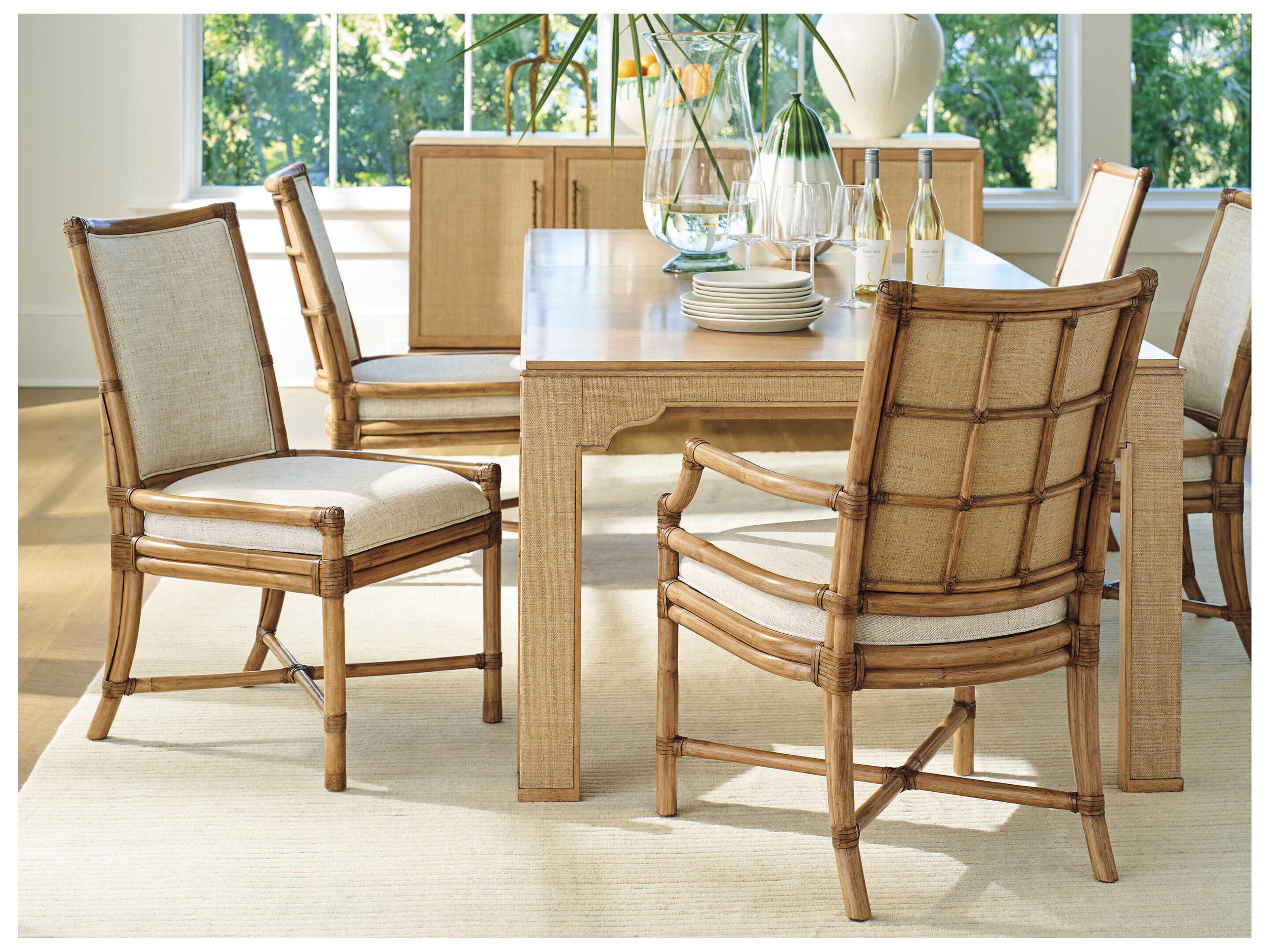 Tommy Bahama Key Biscayne Rattan Beige Upholstered Arm Dining Chair