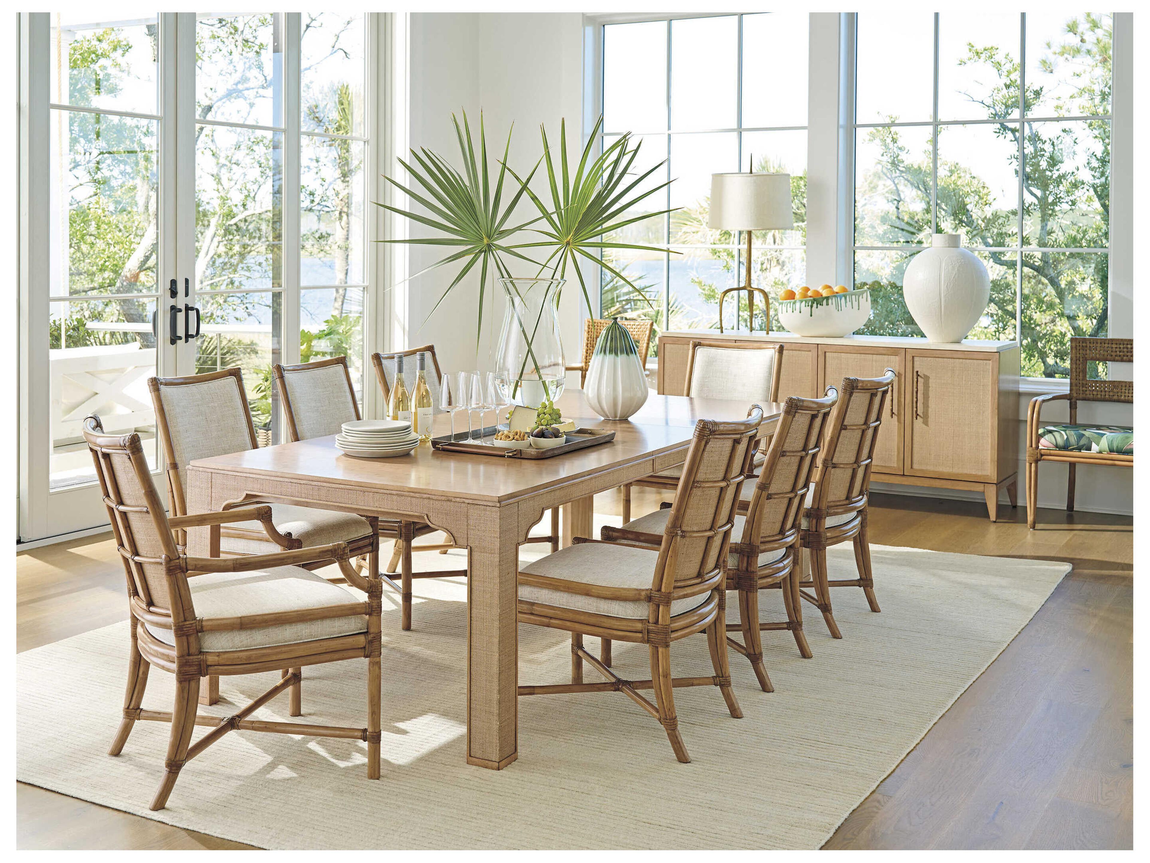Tommy Bahama Key Biscayne Rattan Beige Upholstered Arm Dining Chair