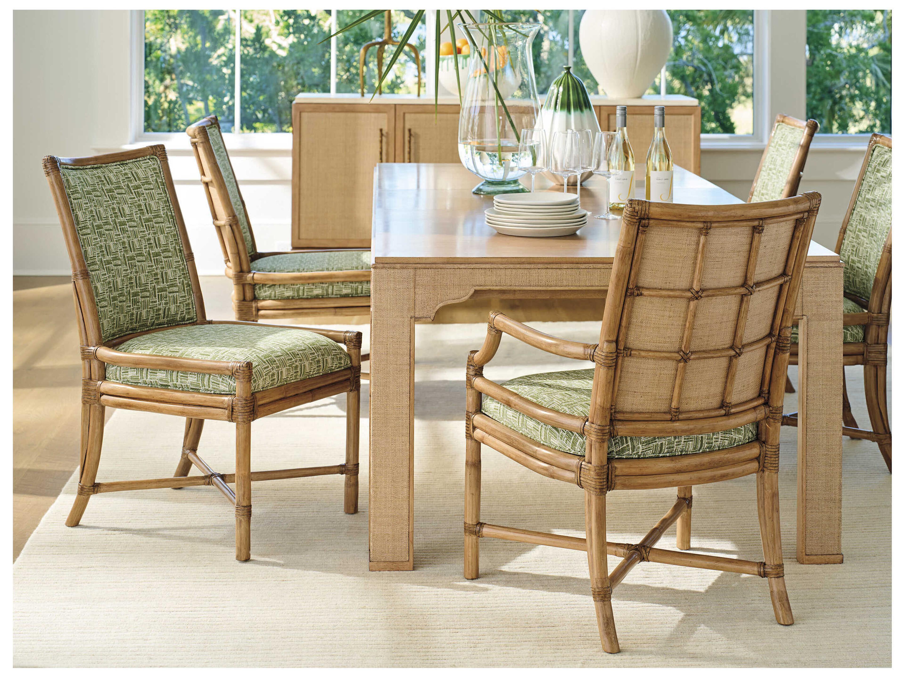 Tommy Bahama Key Biscayne Rattan Brown Upholstered Arm Dining Chair