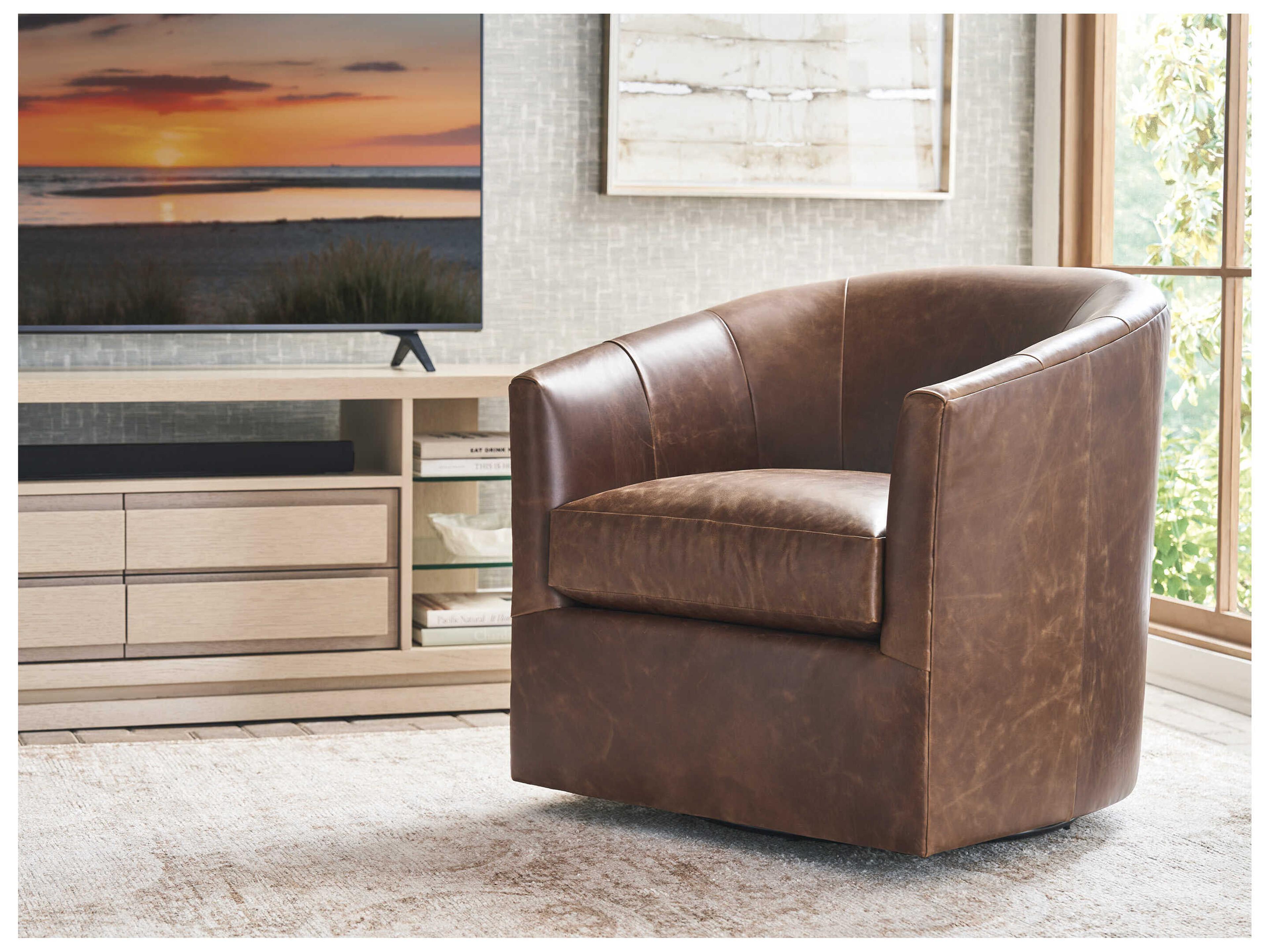 Tommy Bahama Sunset Key Swivel Brown Leather Accent Chair