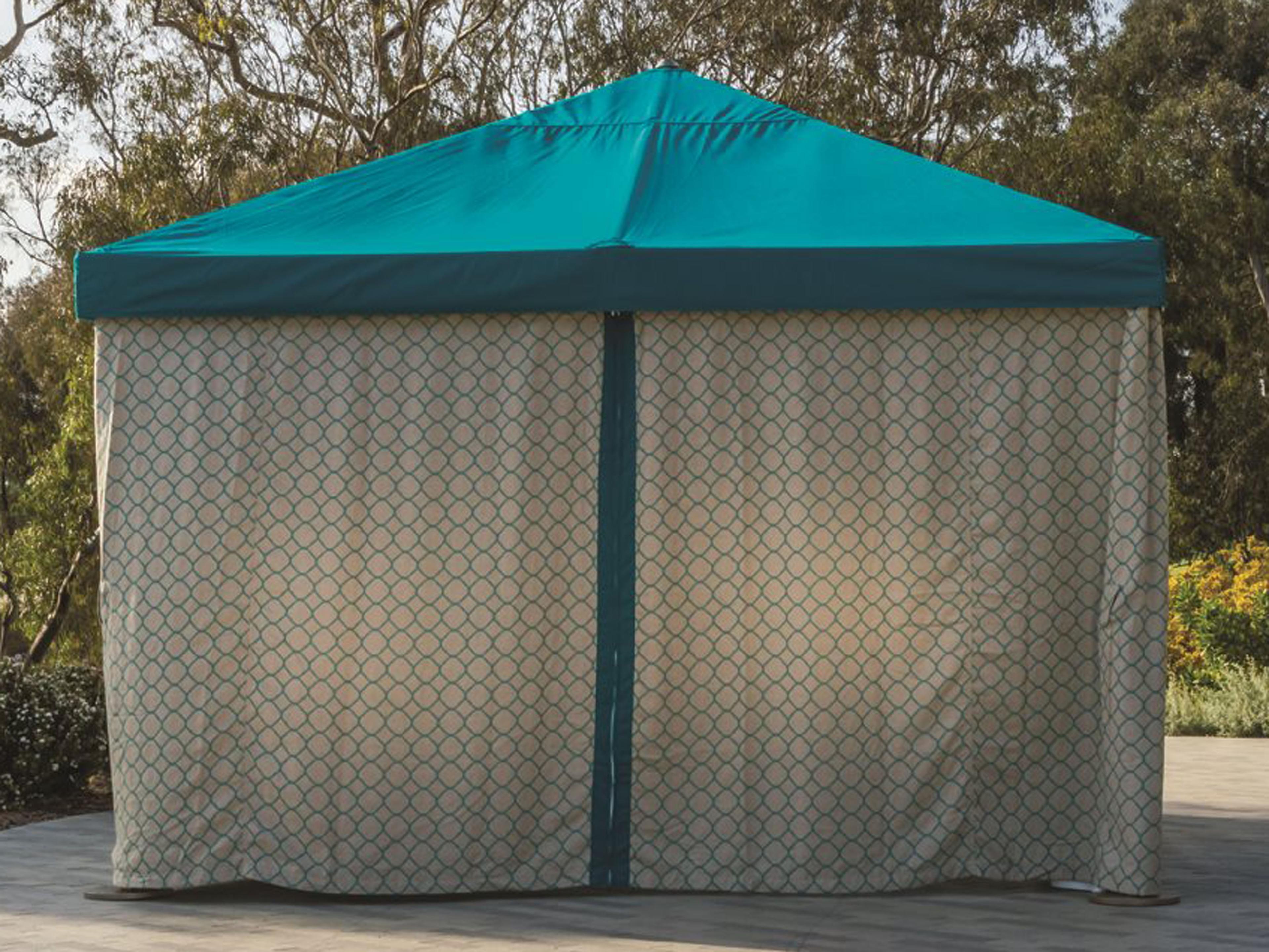 Tropitone Cabana Pavilion Aluminum 8 Foot Square with Vent Fabric Curtains and Sheer Curtain Rods