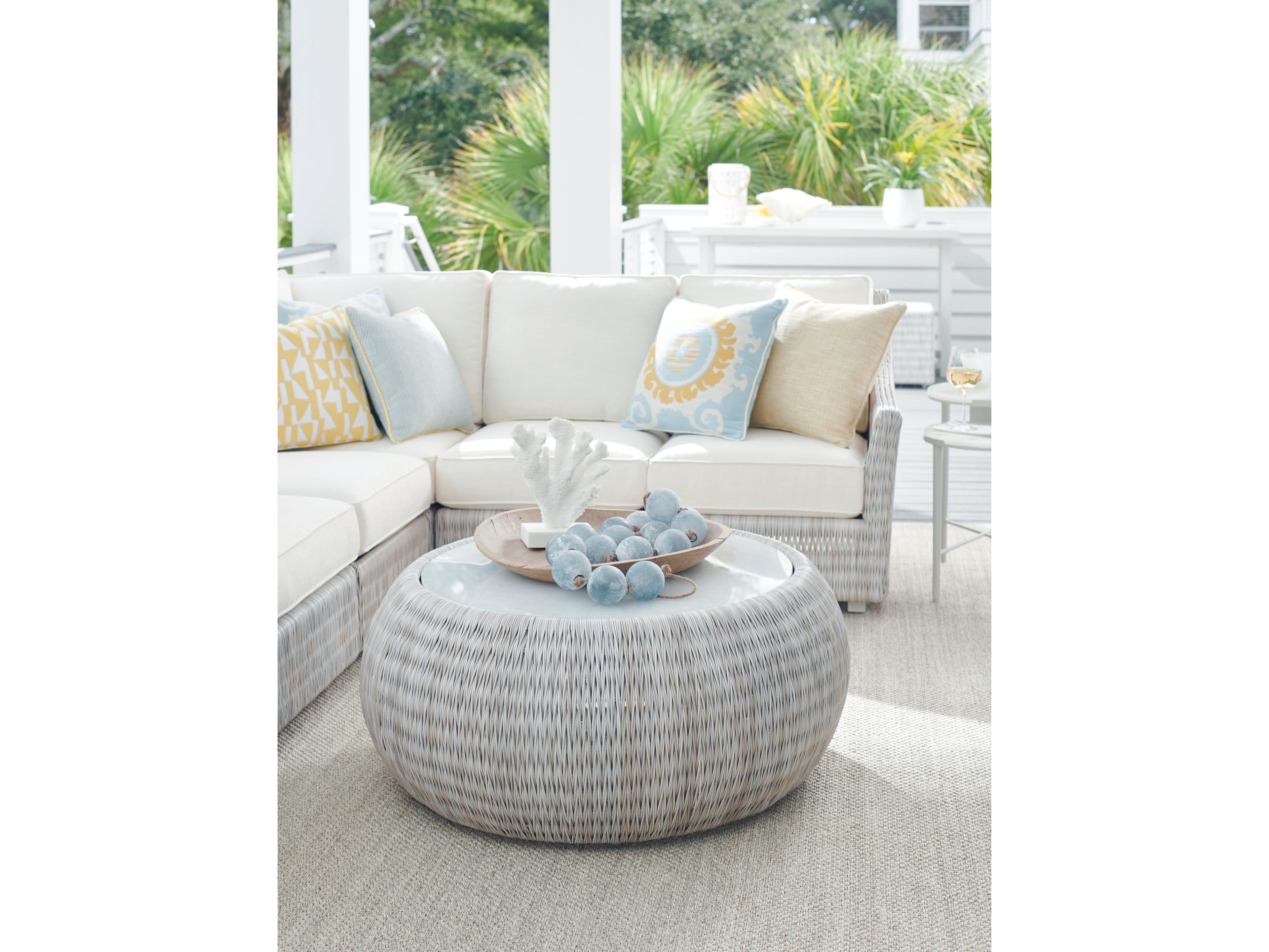 Tommy Bahama Outdoor Seabrook Aluminum Wicker Round Glass Top Coffee Table