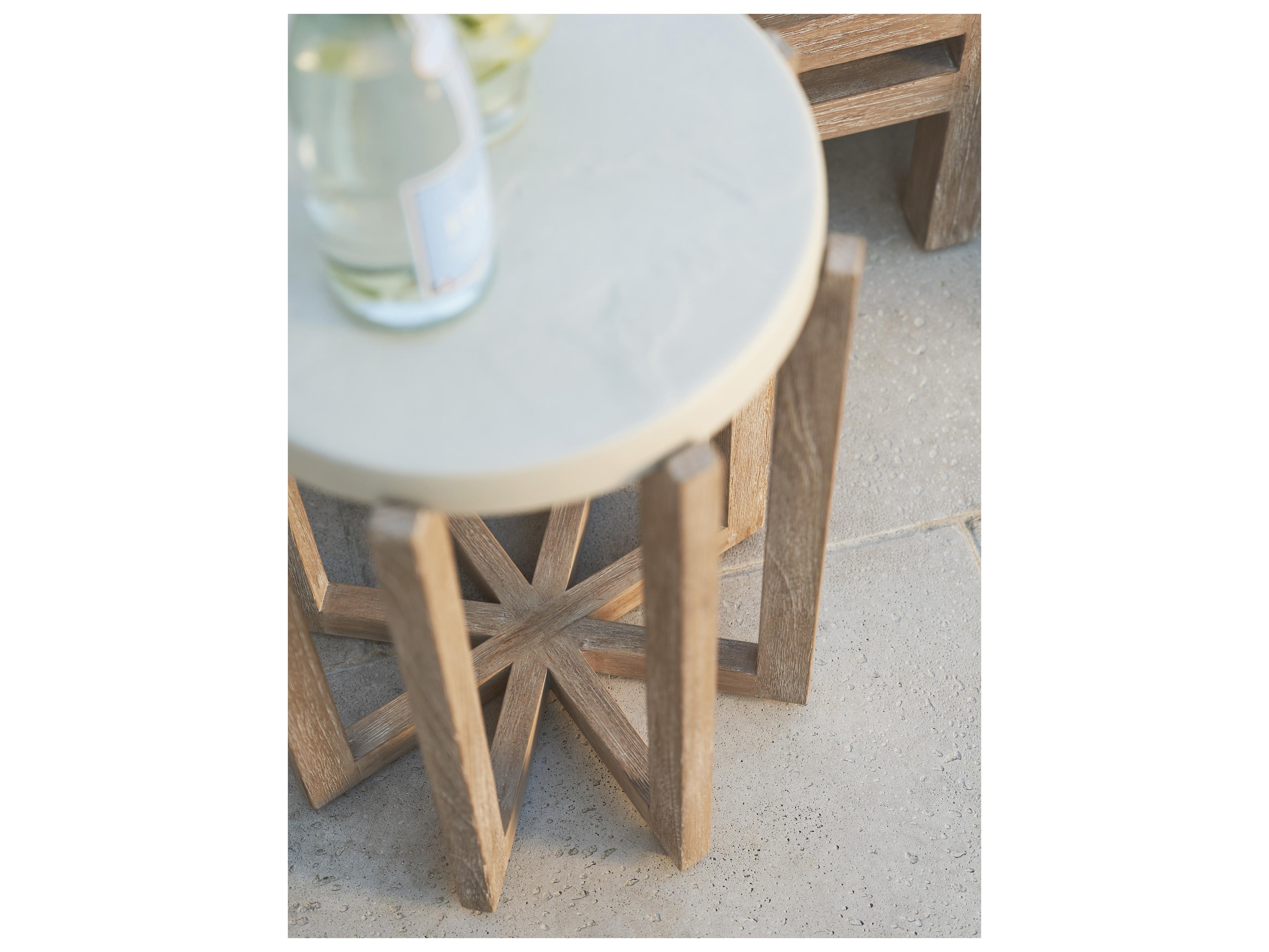 Tommy Bahama Outdoor Stillwater Cove Teak Round Limestone Resin Top End Table