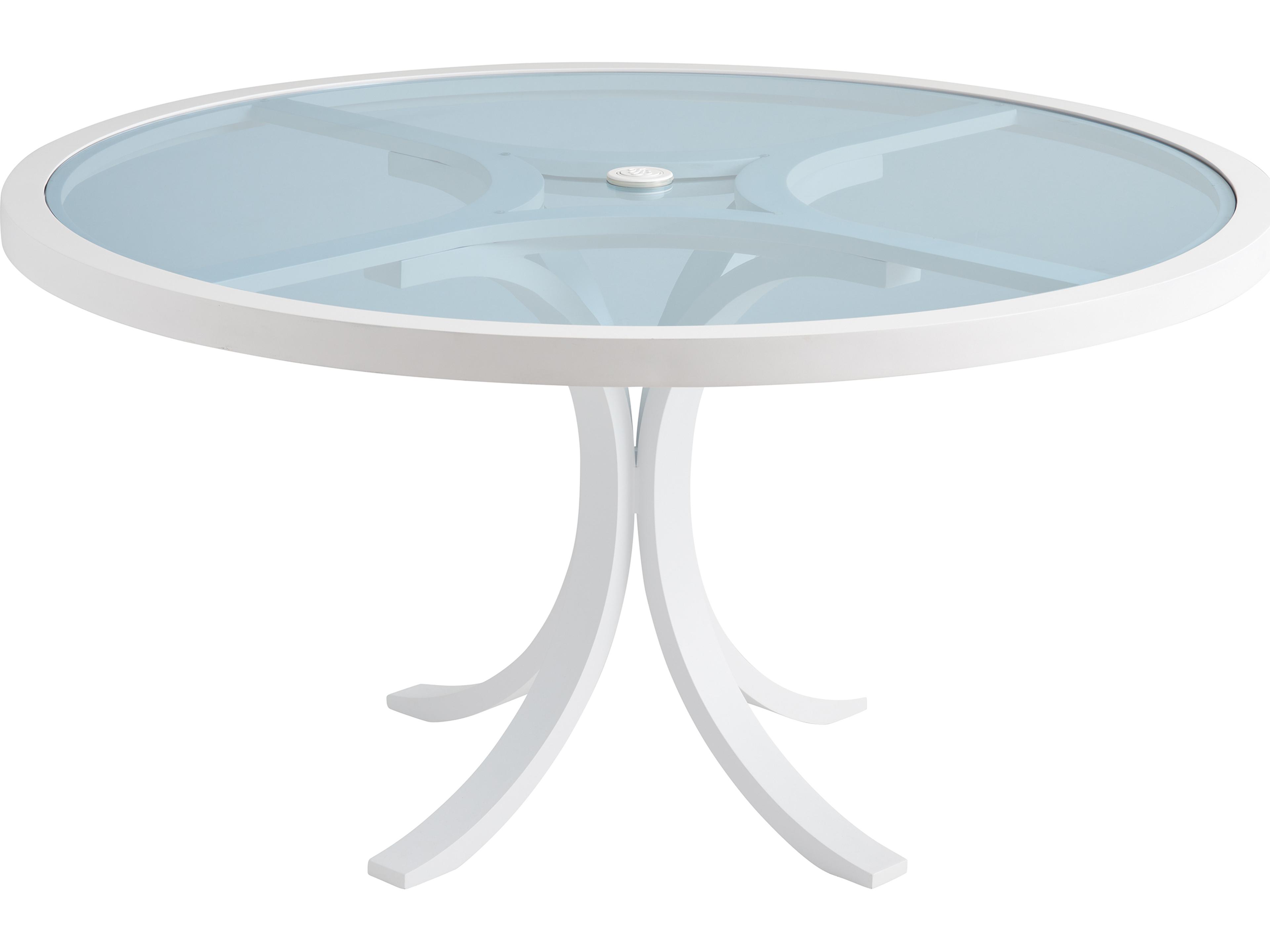 Ocean Breeze Promenade Aluminum Round Glass Top Dining Table with Umbrella Hole