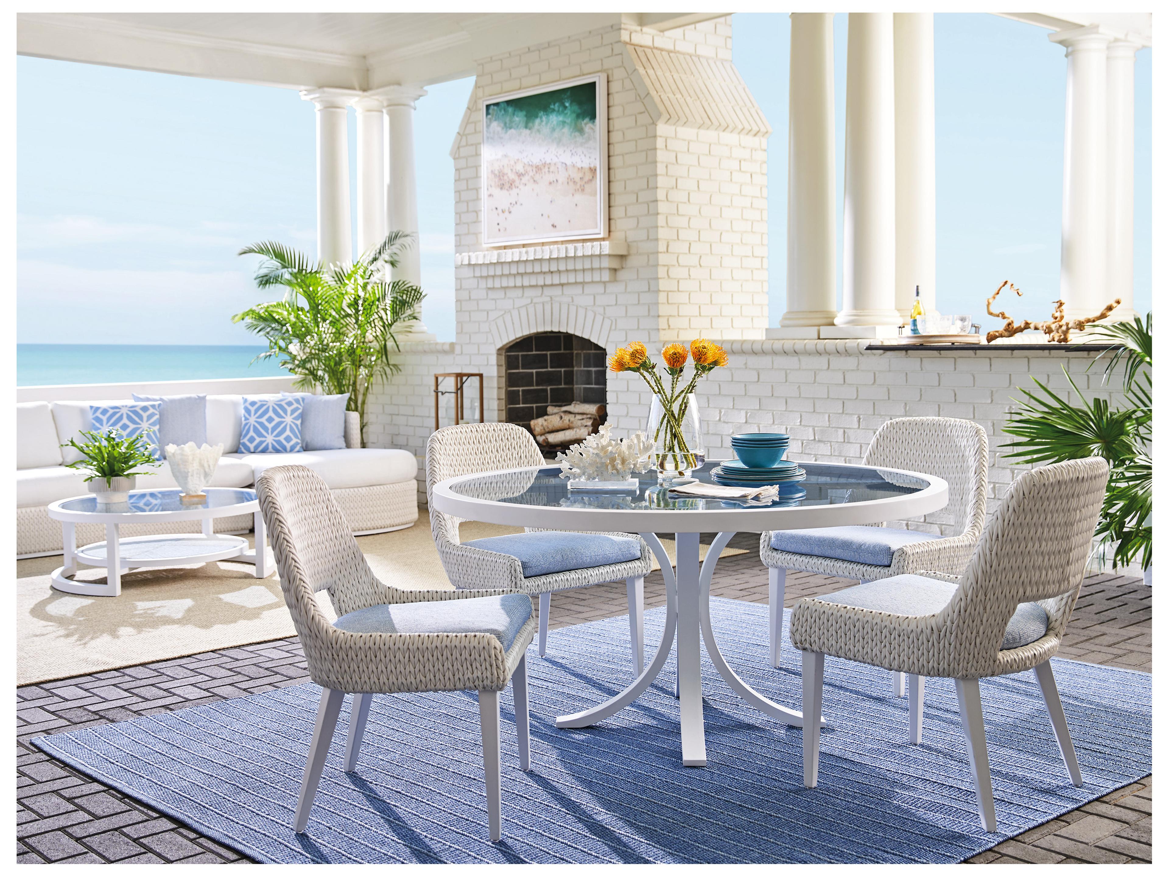 Tommy Bahama Outdoor Ocean Breeze Promenade Aluminum Round Glass Top Dining Table with Umbrella Hole