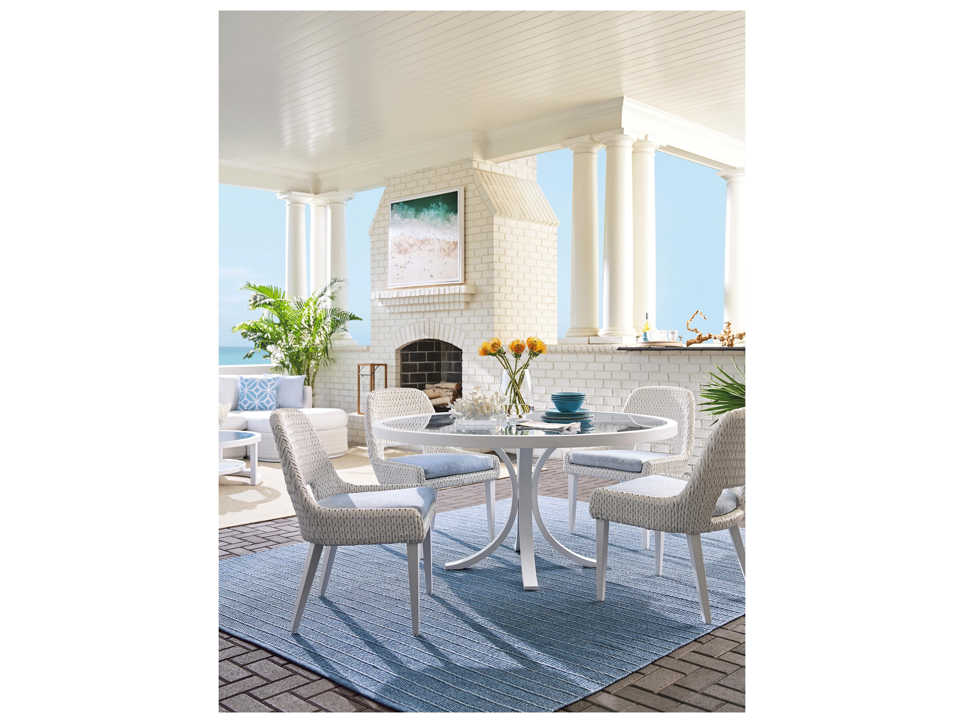 Tommy Bahama Outdoor Ocean Breeze Promenade Aluminum Round Glass Top Dining Table with Umbrella Hole