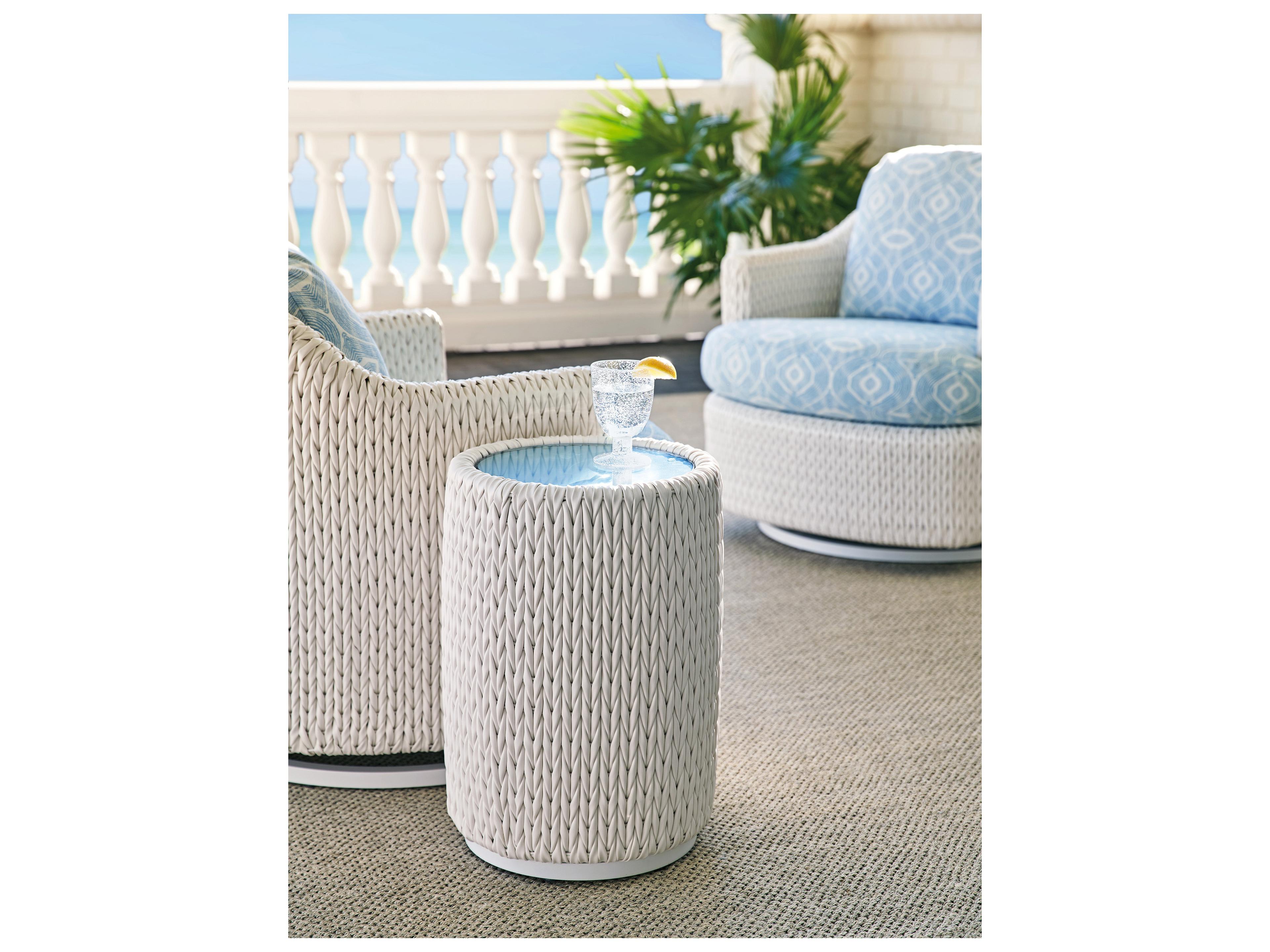 Tommy Bahama Outdoor Ocean Breeze Promenade Aluminum Wicker Round Glass Top Accent Table