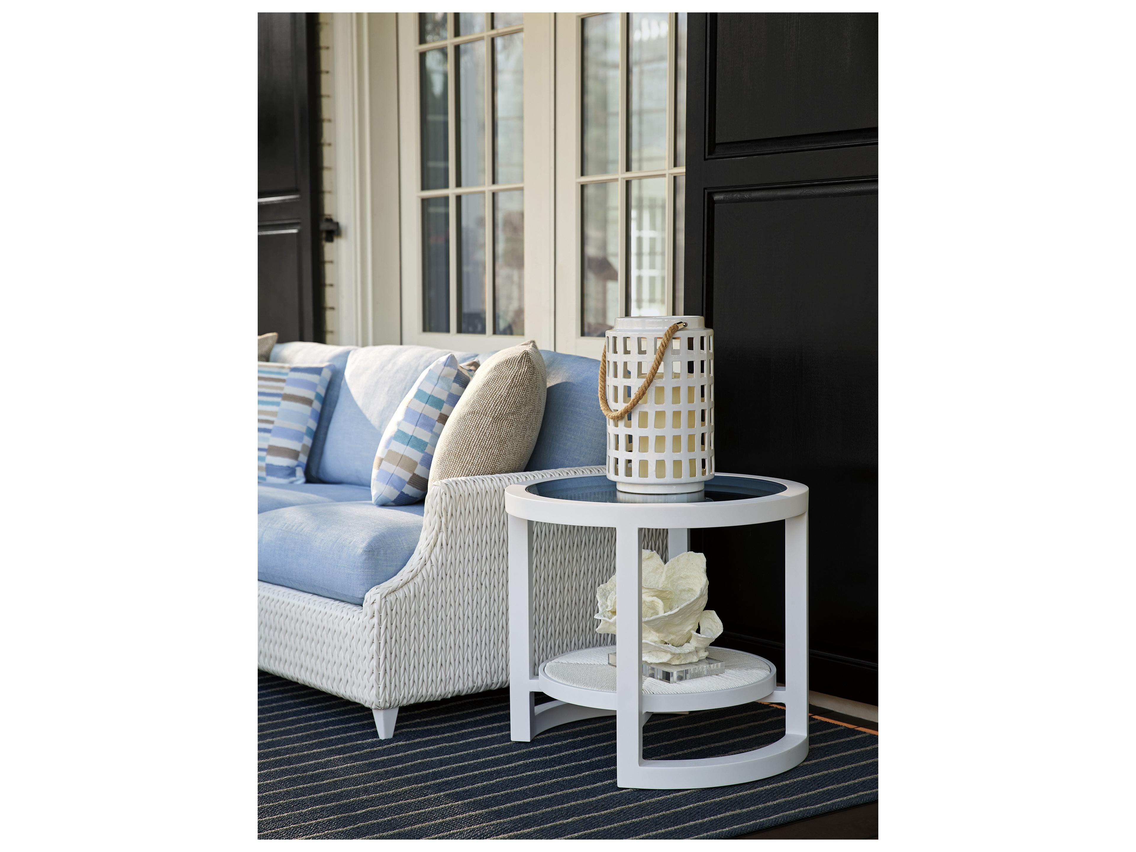 Tommy Bahama Outdoor Ocean Breeze Promenade Aluminum Wicker Round Glass Top Round End Table