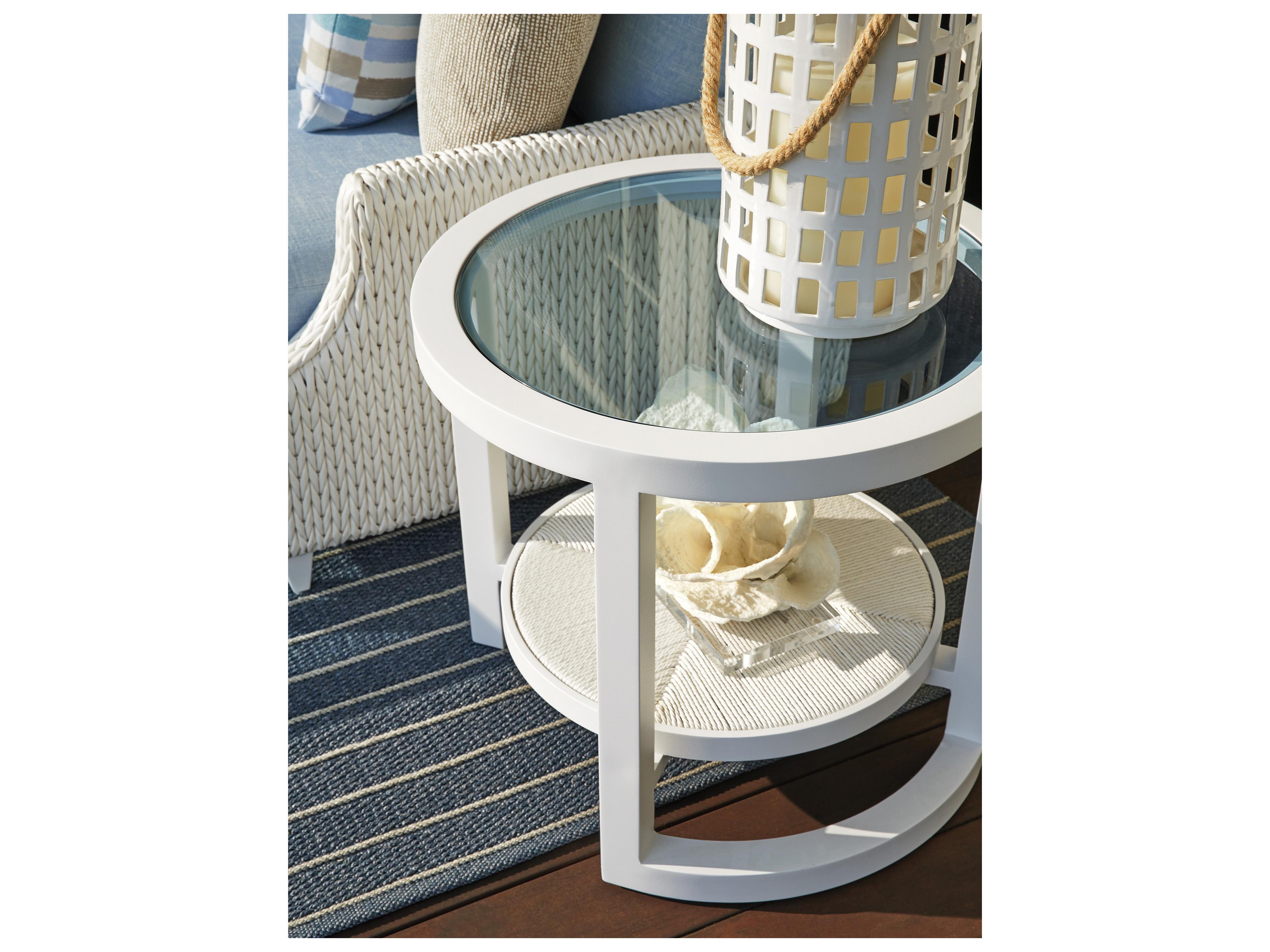 Tommy Bahama Outdoor Ocean Breeze Promenade Aluminum Wicker Round Glass Top Round End Table