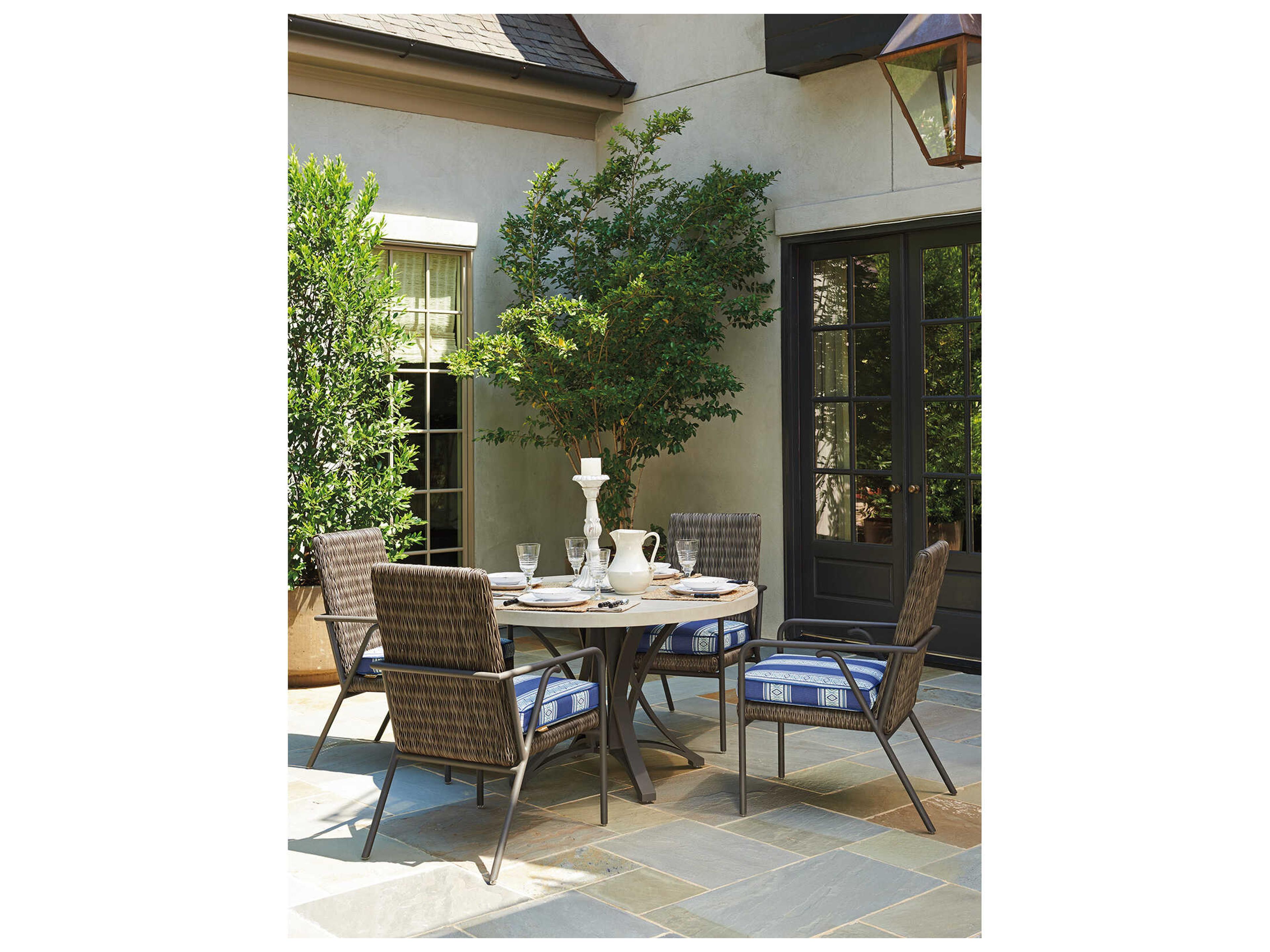 Tommy Bahama Outdoor Cypress Point Ocean Terrace Aluminum Round Weatherstone Top Dining Table with Umbrella Hole